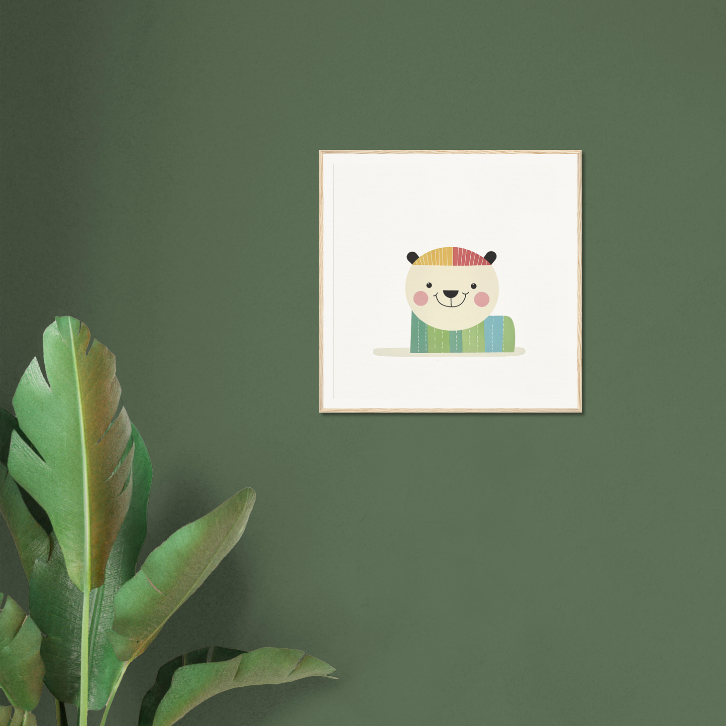 Cute cartoon bear in a beanie and green shirt, perfect for nursery wall art