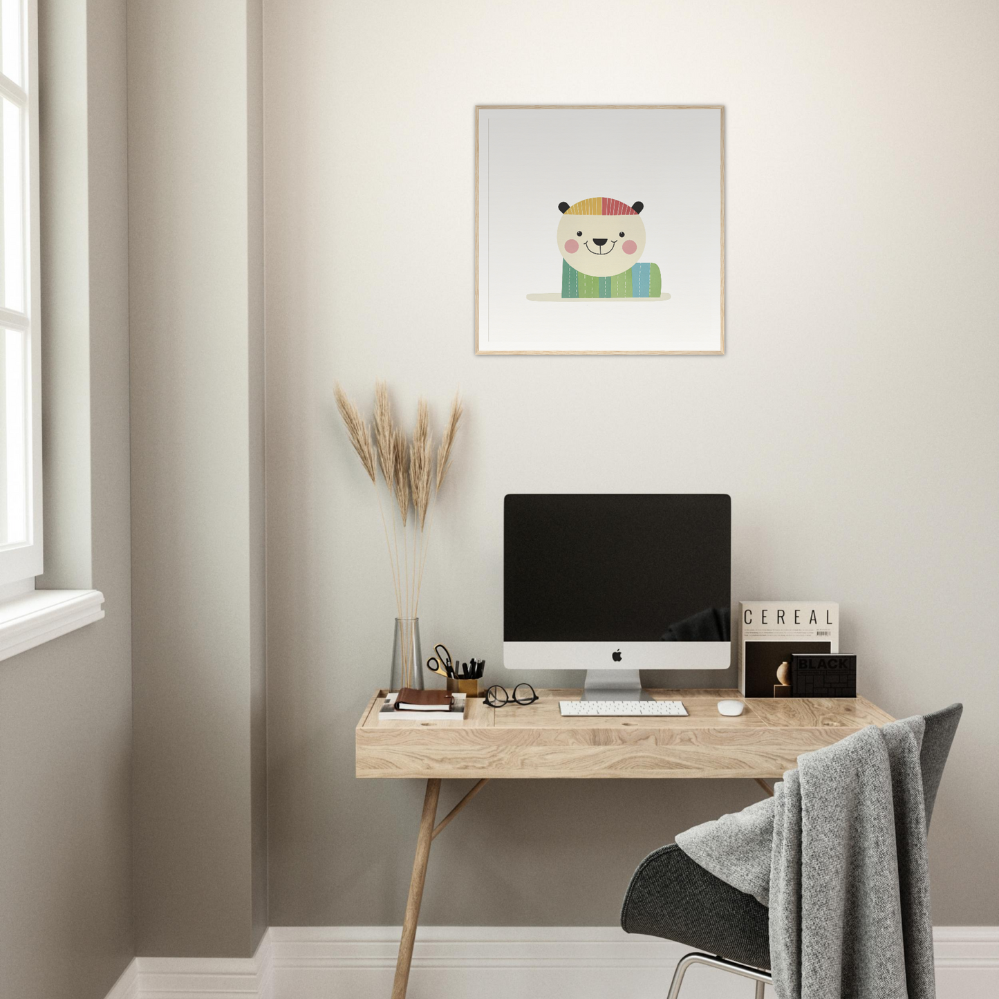 Minimalist wooden desk with iMac and stylish nursery wall art above for product91