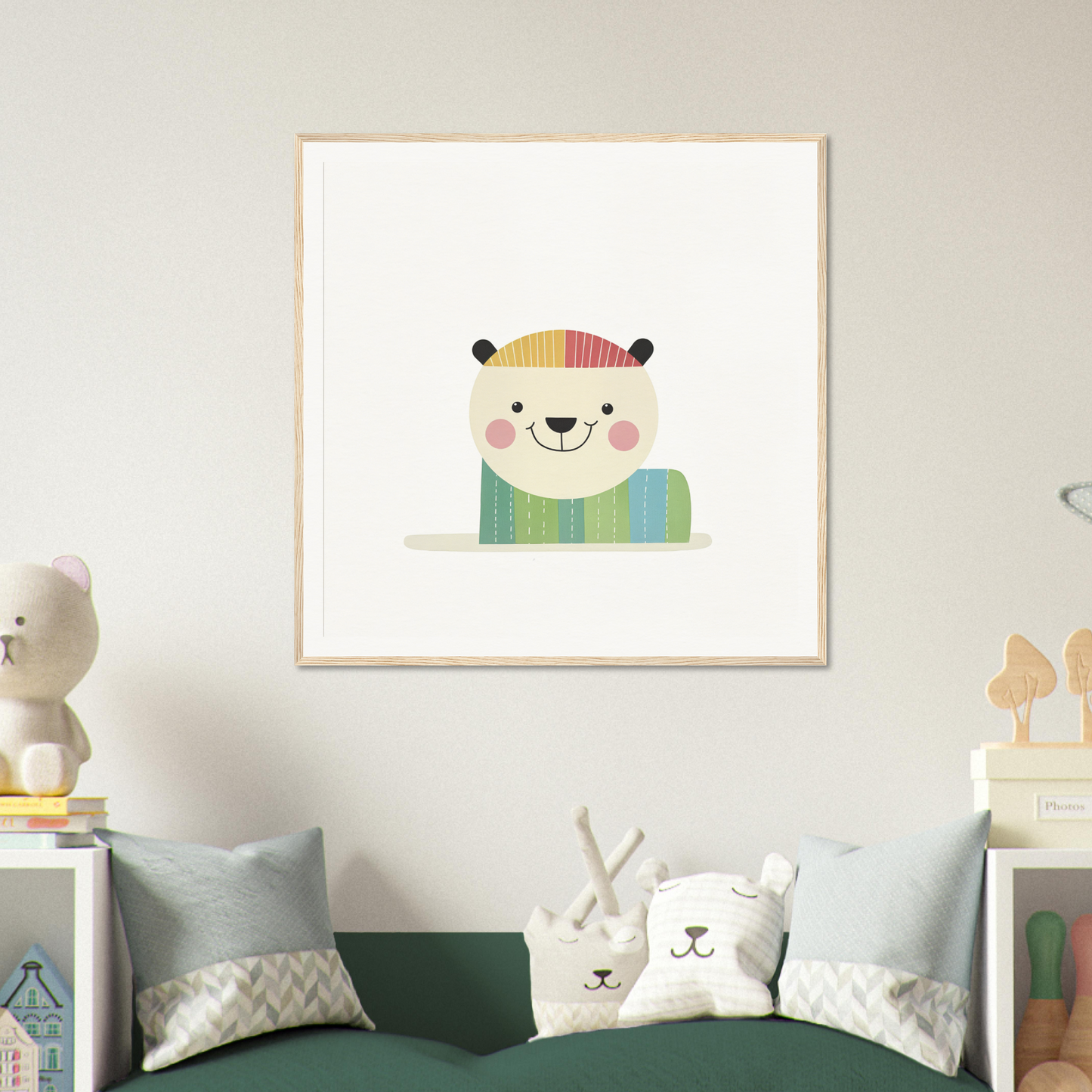 Cute cartoon bear in a striped beanie for trendy nursery wall art decor