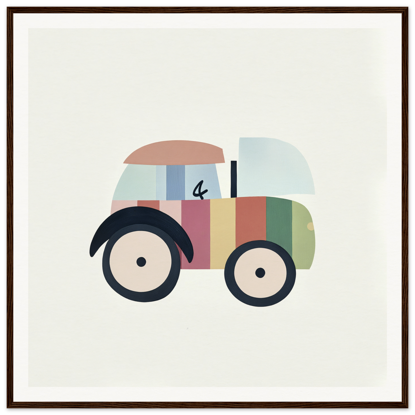 Colorful cartoon car in minimalist style, perfect for nursery wall art or decor
