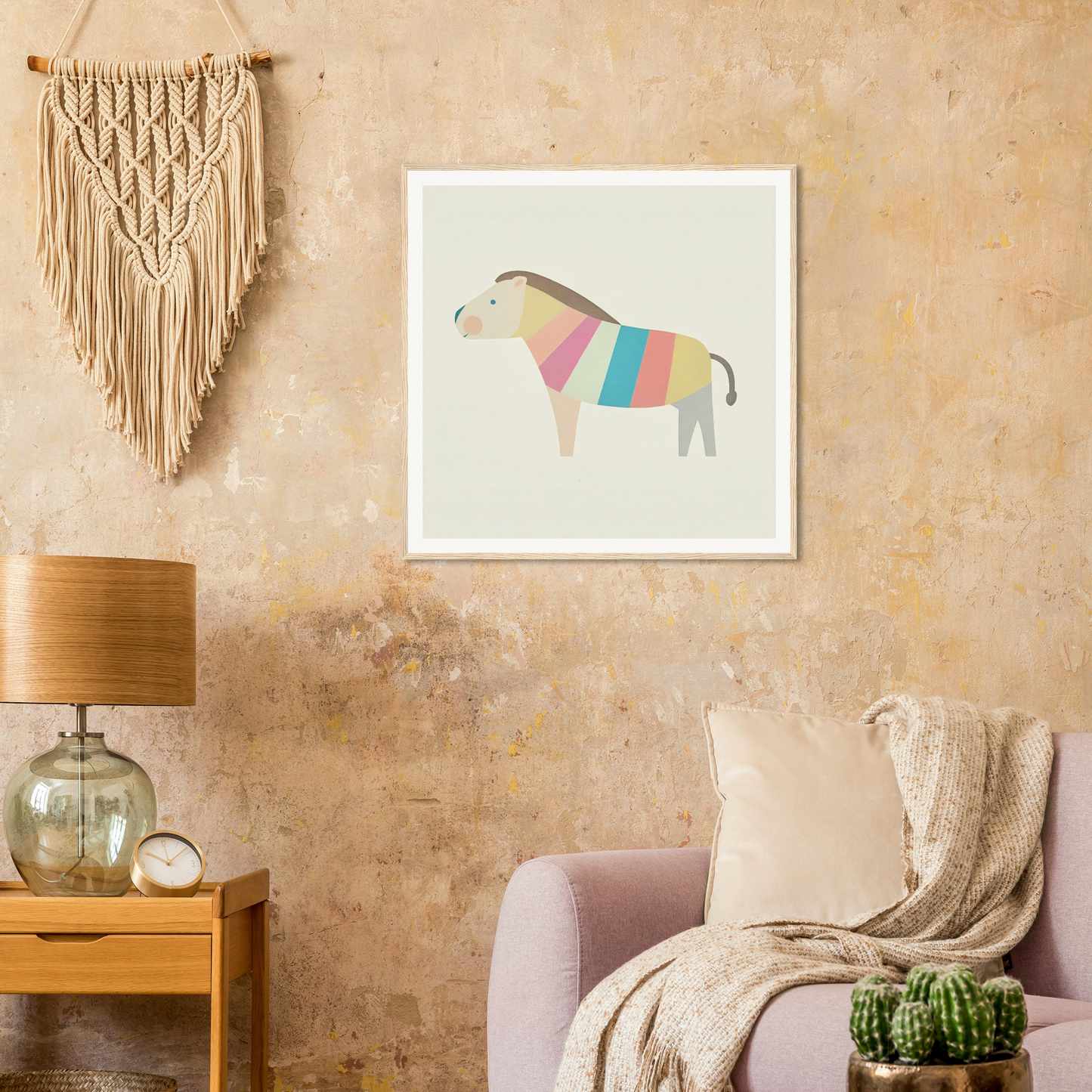 Colorful striped geometric lion artwork in a white frame, perfect for nursery decor