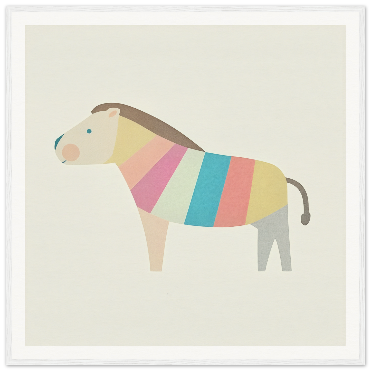 Stylized horse in pastel stripes for trendy nursery wall art or decor, framed poster