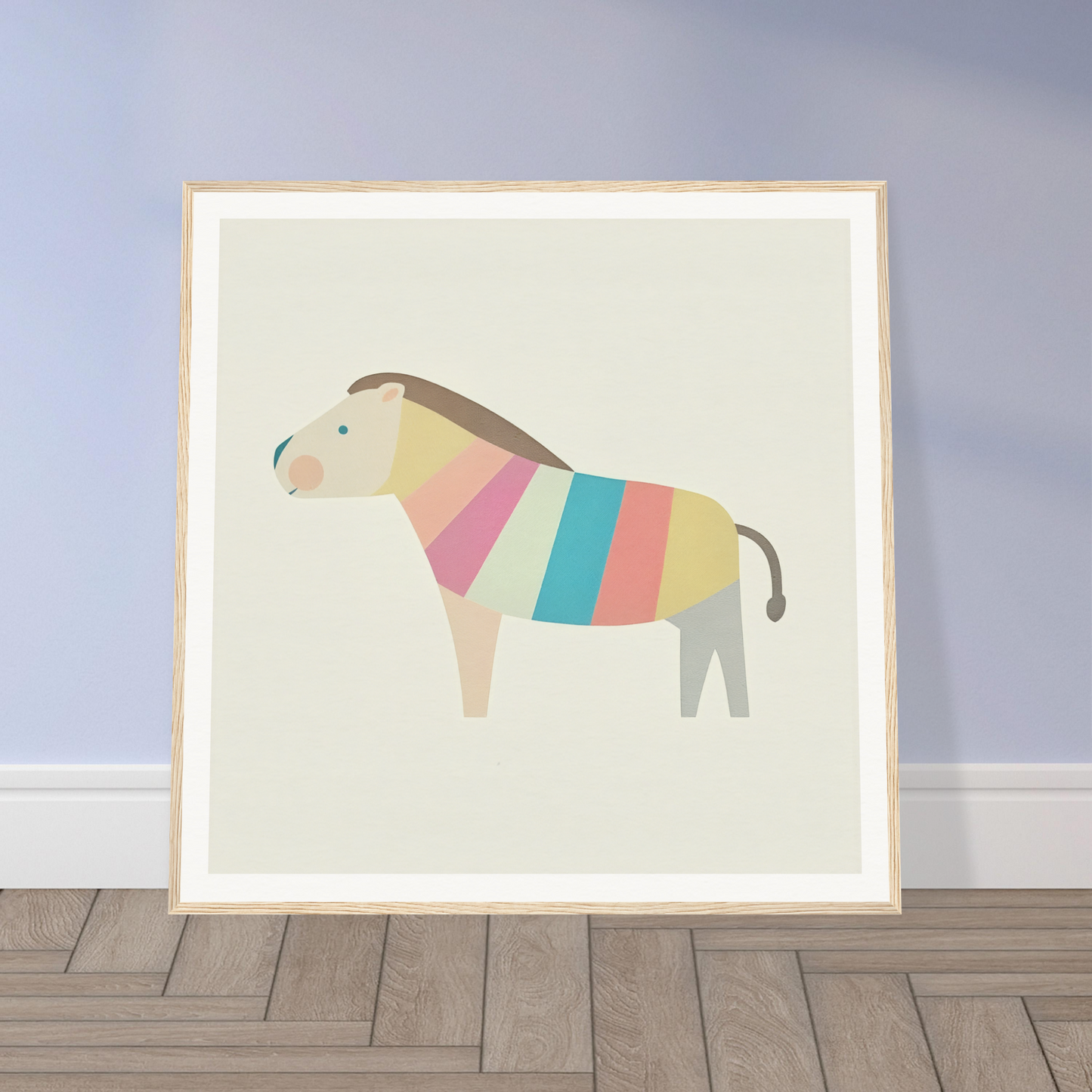 Minimalist horse illustration with pastel stripes for cute nursery wall art decor