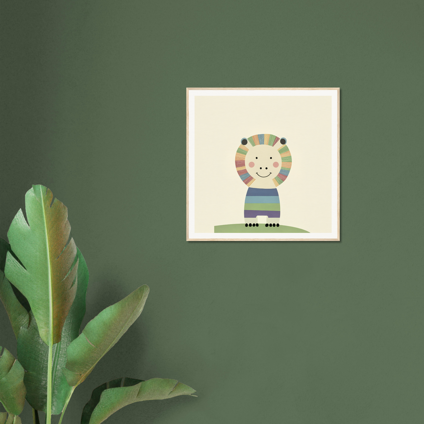 Framed poster of a smiling pastel lion, perfect for nursery wall art and decor