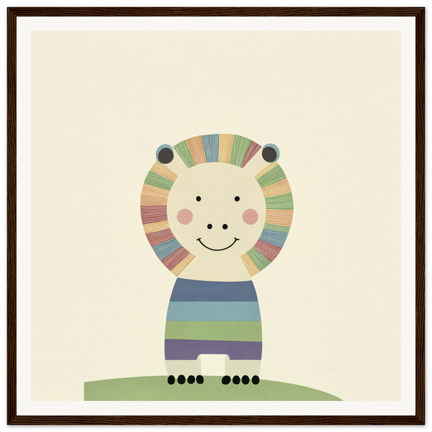 Cute cartoon lion with colorful mane and shirt for adorable nursery wall art