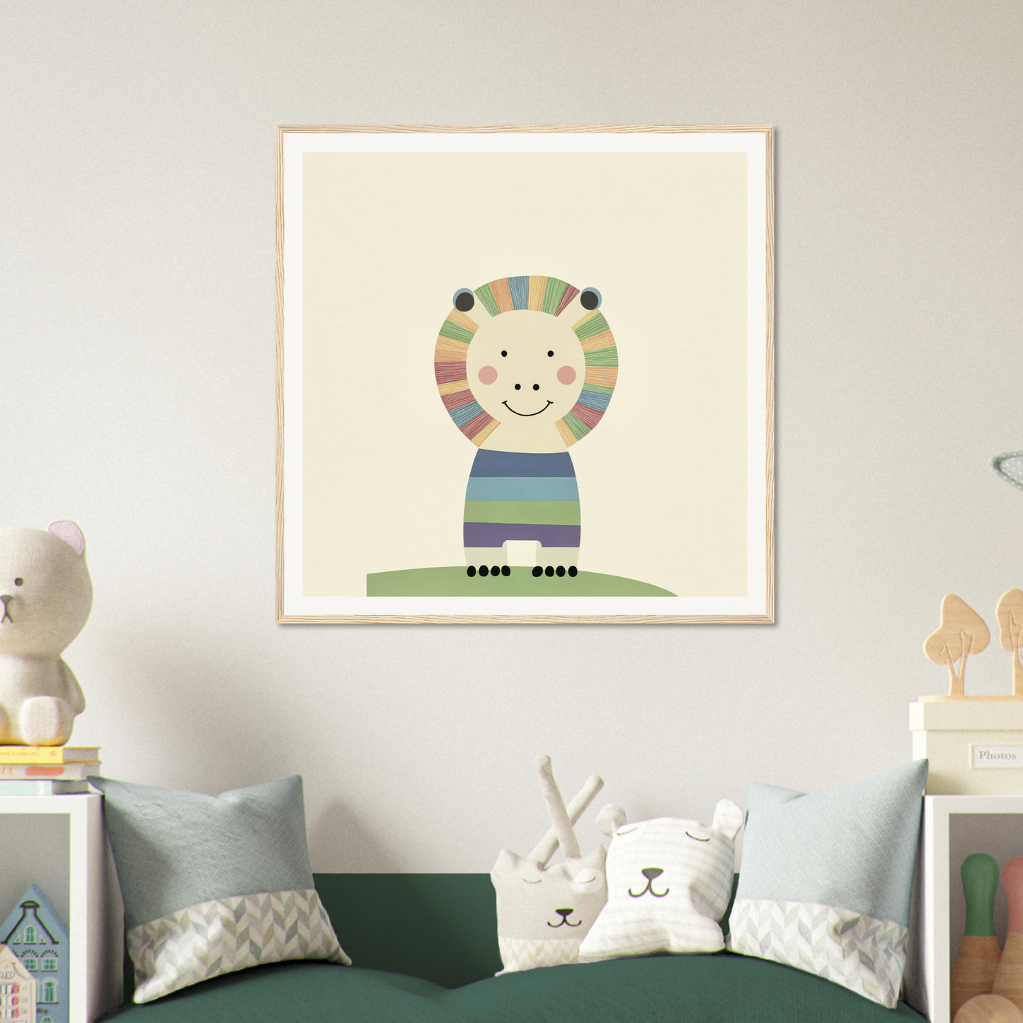 Cute cartoon lion in a striped shirt for charming nursery wall art or decor