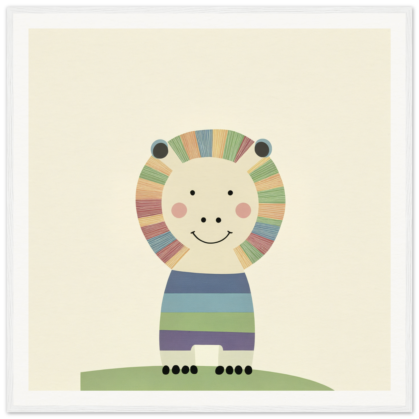 Cute cartoon lion with colorful mane in striped shirt for nursery wall art decor