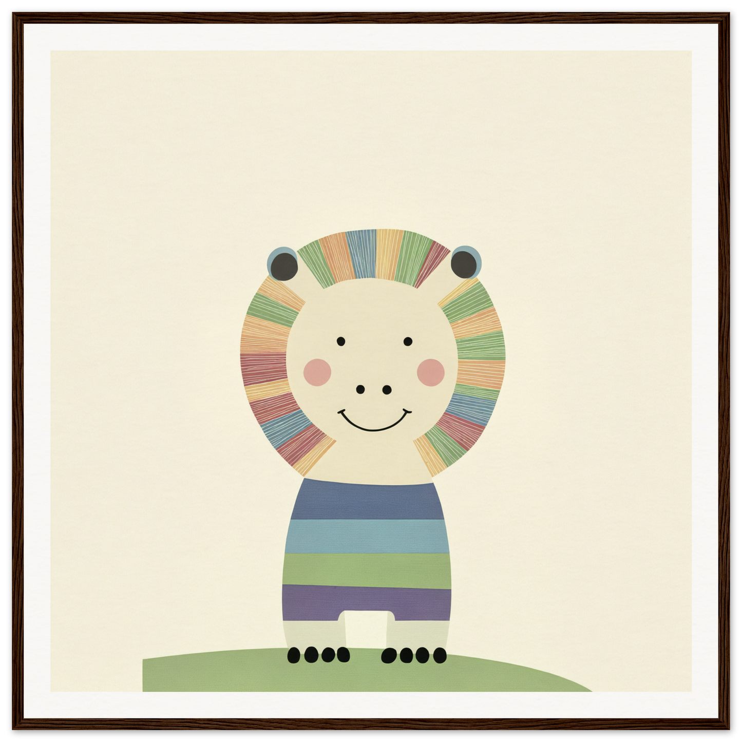 Cute cartoon lion with a colorful striped mane, perfect for nursery wall art