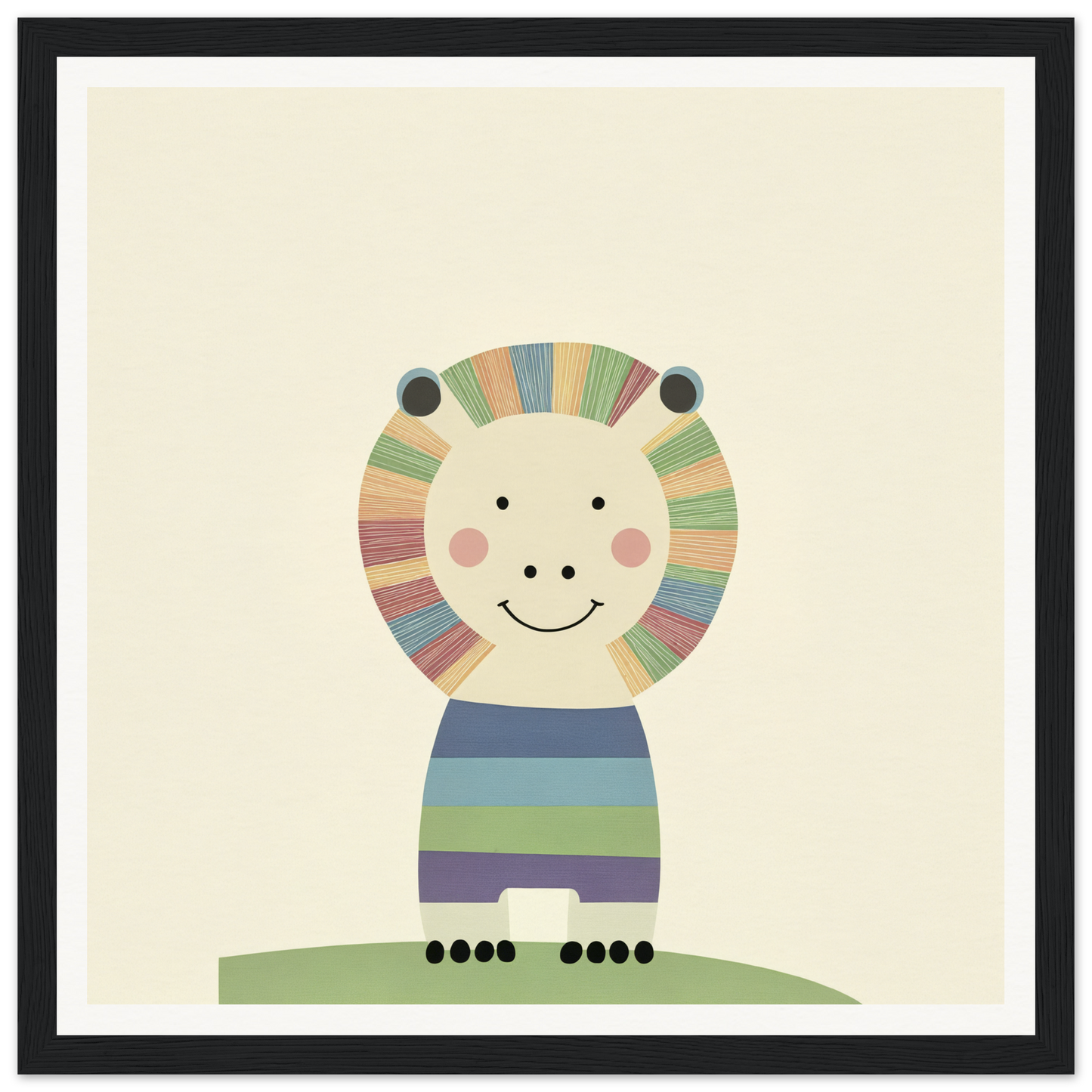 Cute cartoon lion in a striped shirt, perfect for nursery wall art and decor