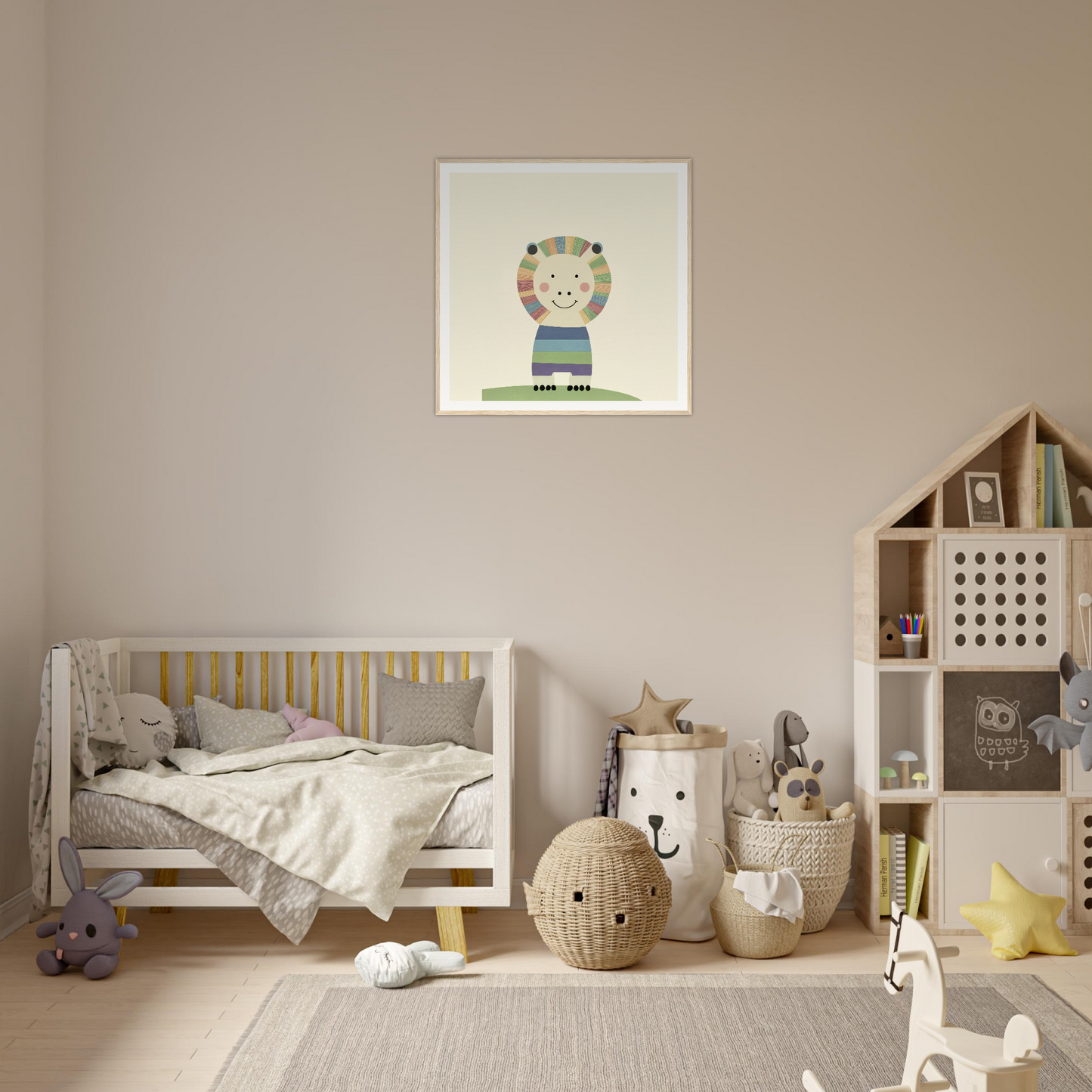Cozy nursery featuring a wooden crib, storage baskets, and fun nursery wall art