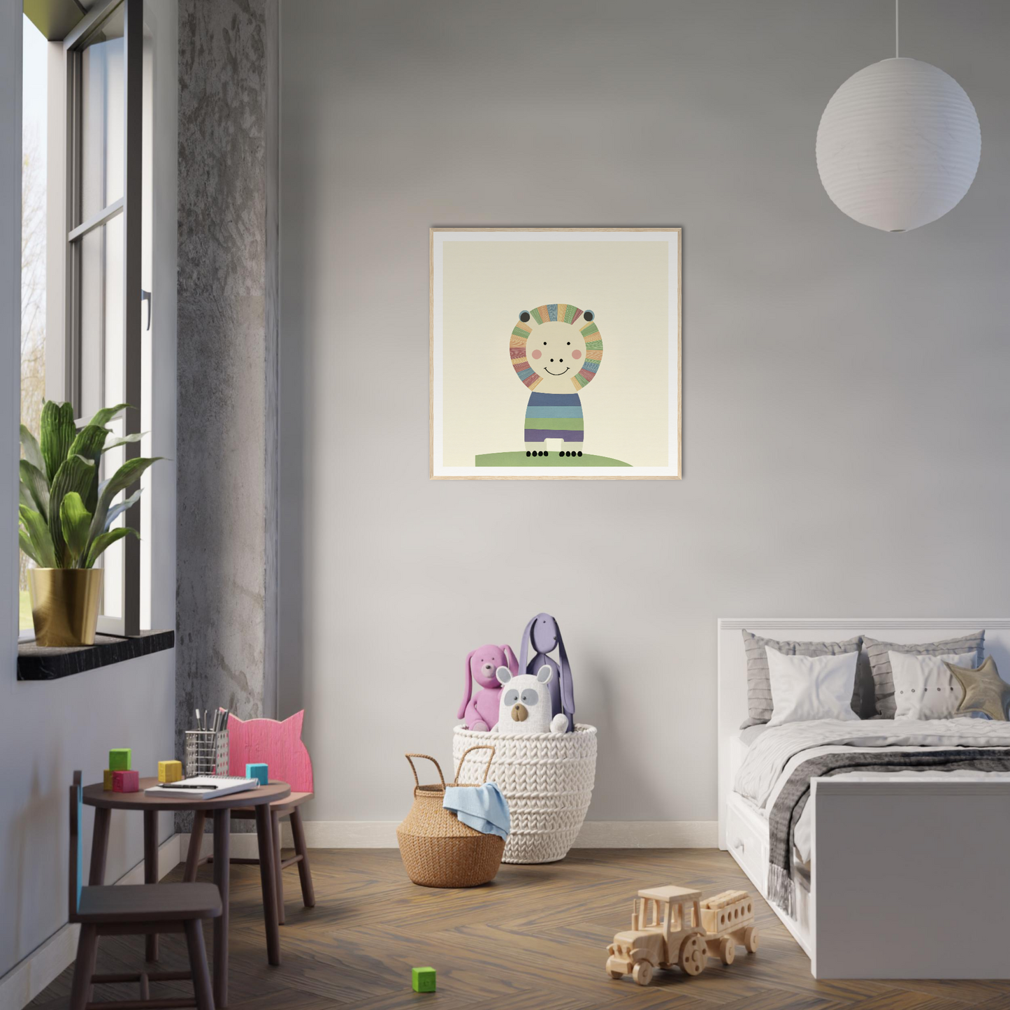 Modern bedroom with gray walls featuring fun nursery decor and framed poster accents