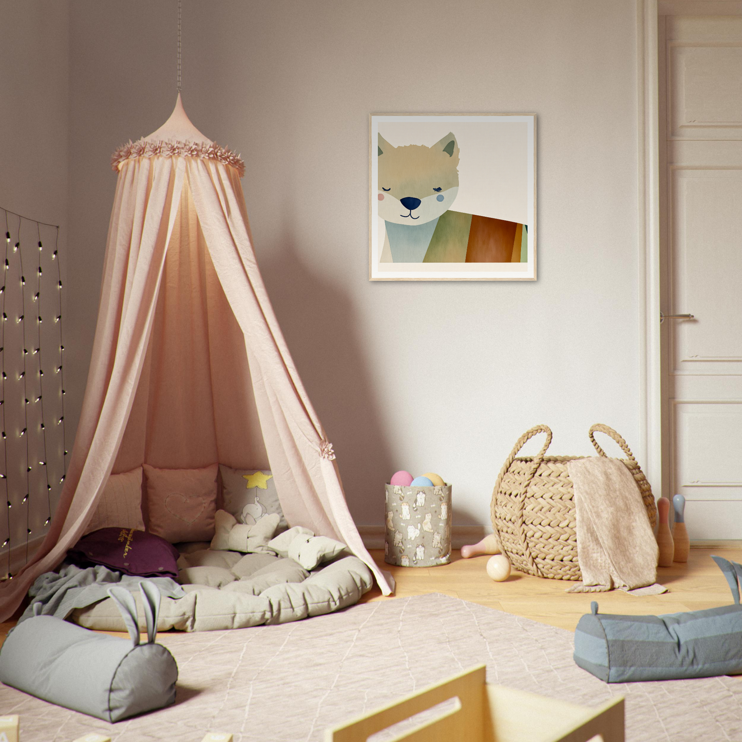 Pink canopy tent with decorative trim, perfect for nursery decor in Product95