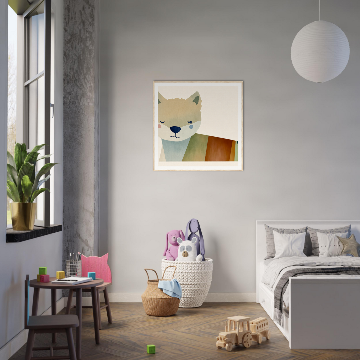 Modern bedroom with minimalist decor and fox nursery wall art on gray wall