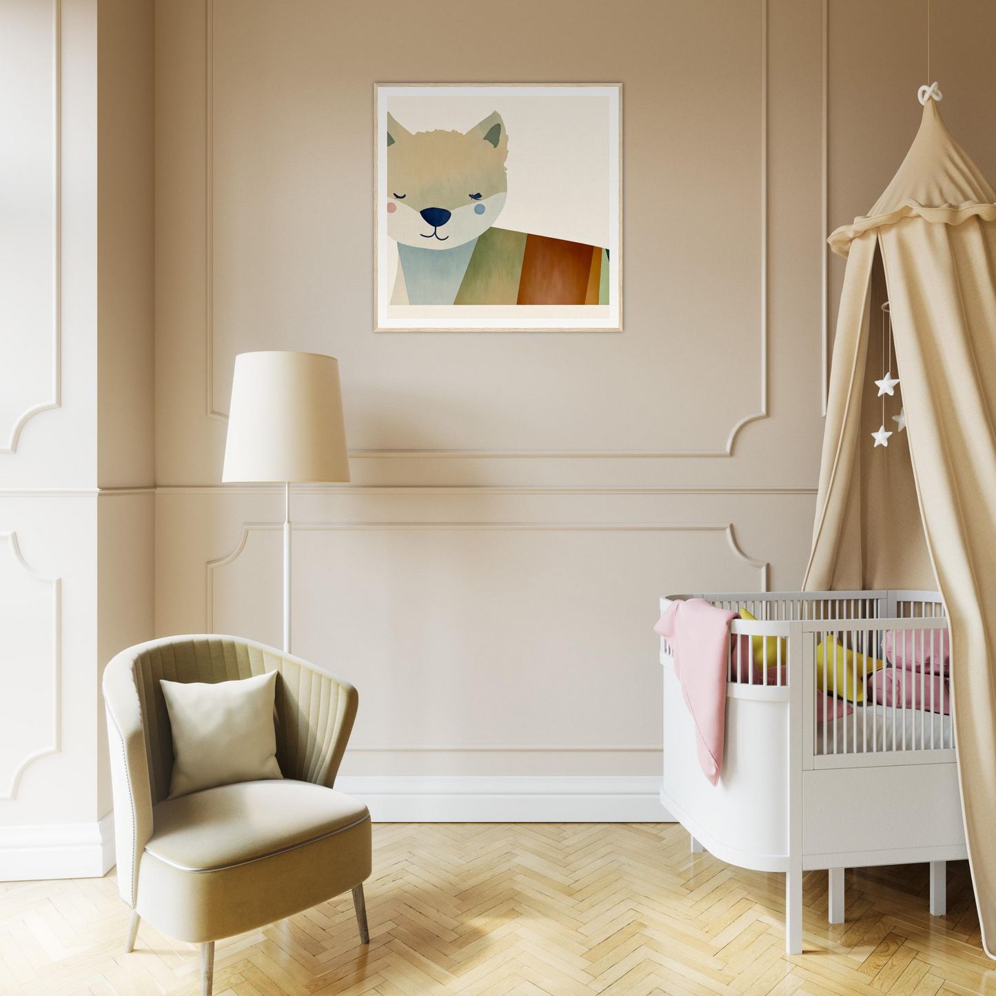 Cozy nursery with fox artwork, armchair, and canopy crib perfect for nursery decor