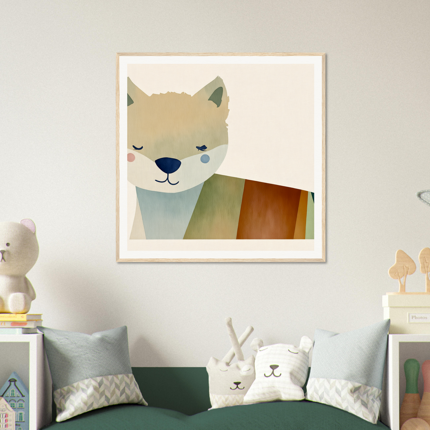Framed cartoon illustration of a smiling fox for cute nursery wall art or decor