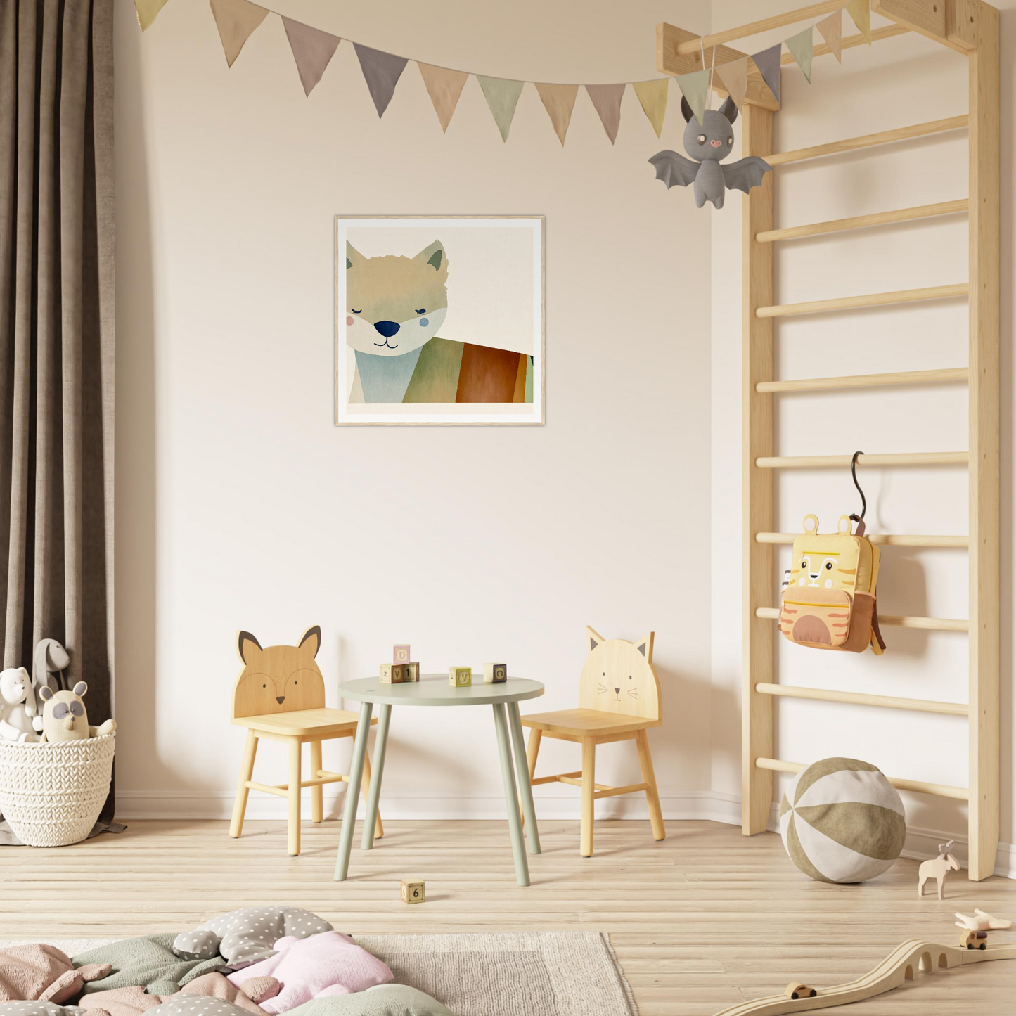Kids’ play area featuring cute animal chairs, perfect for fun nursery decor