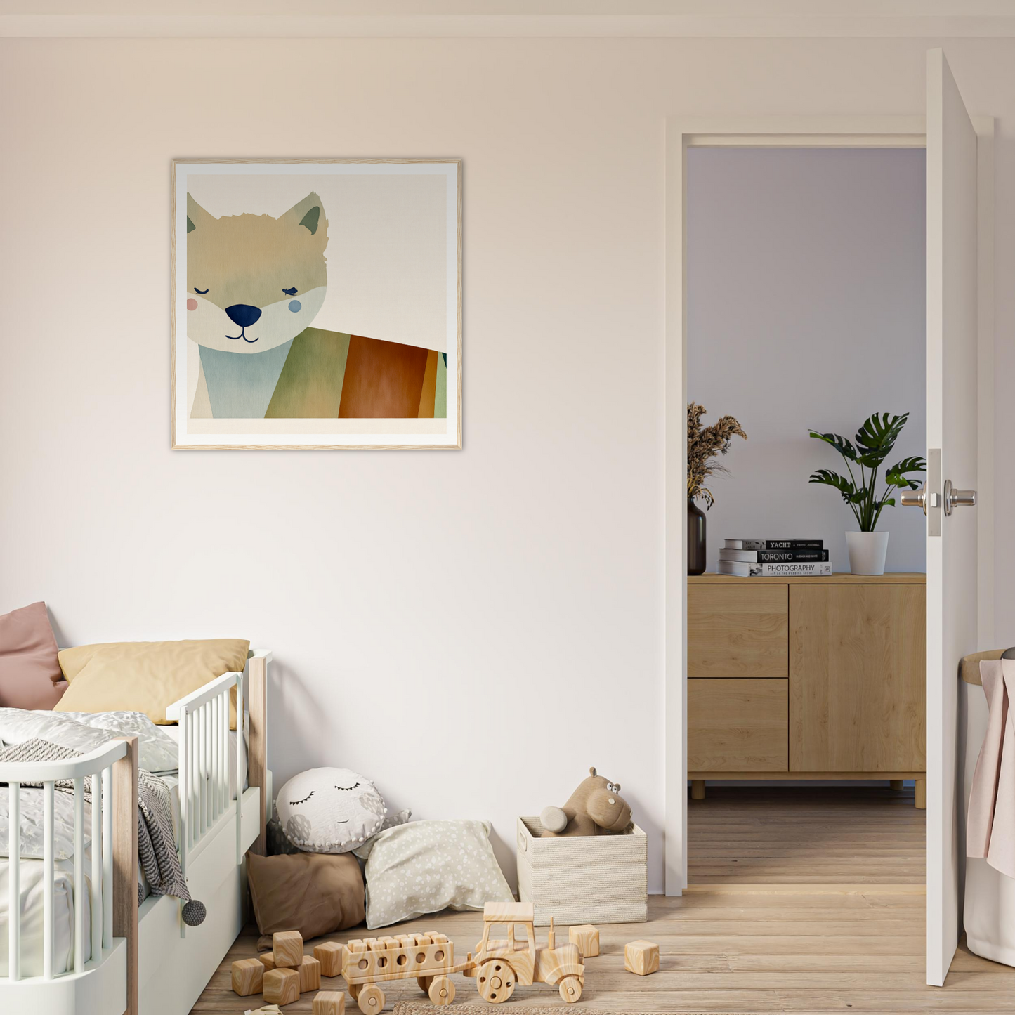Framed illustration of a fox head, perfect for nursery wall art and decor