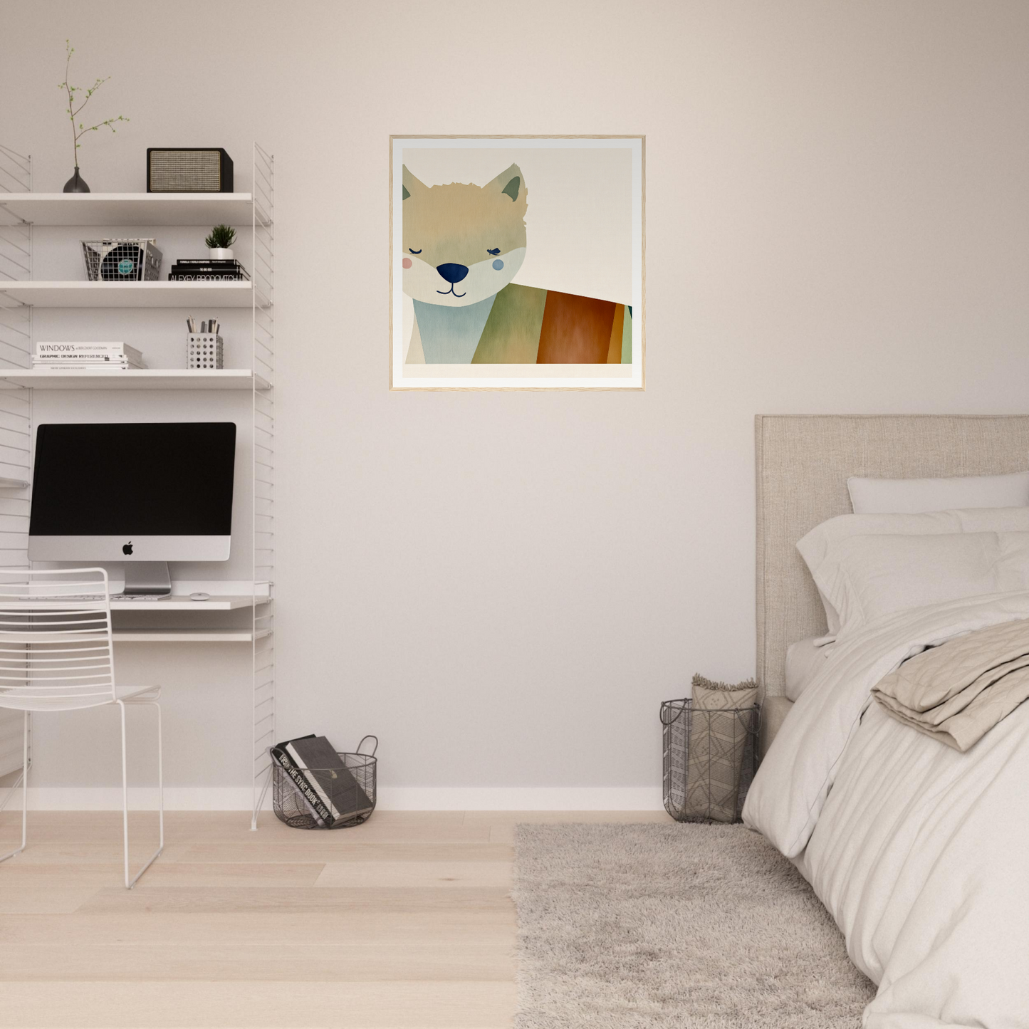 Minimalist bedroom featuring nursery wall art and an iMac workstation with floating shelves