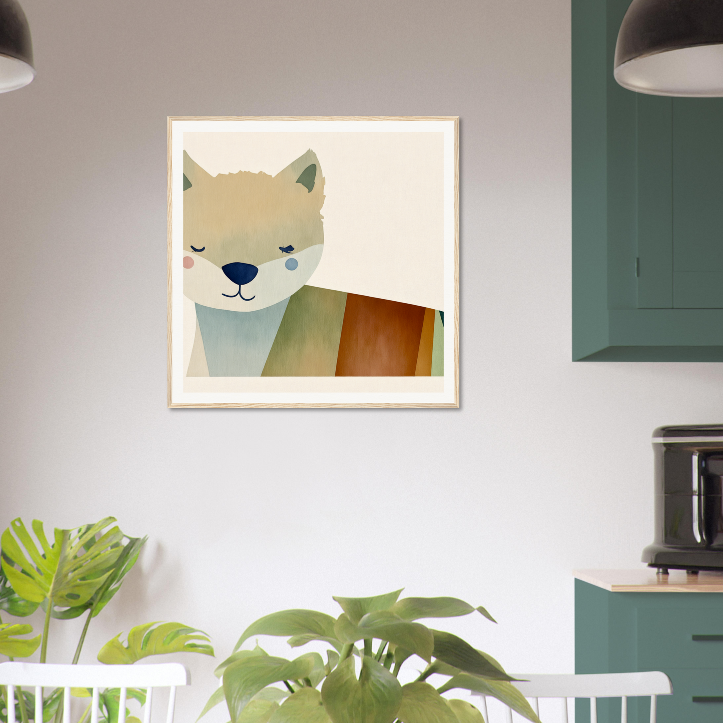 Framed poster of a minimalist cartoon fox face, perfect for nursery wall art and decor