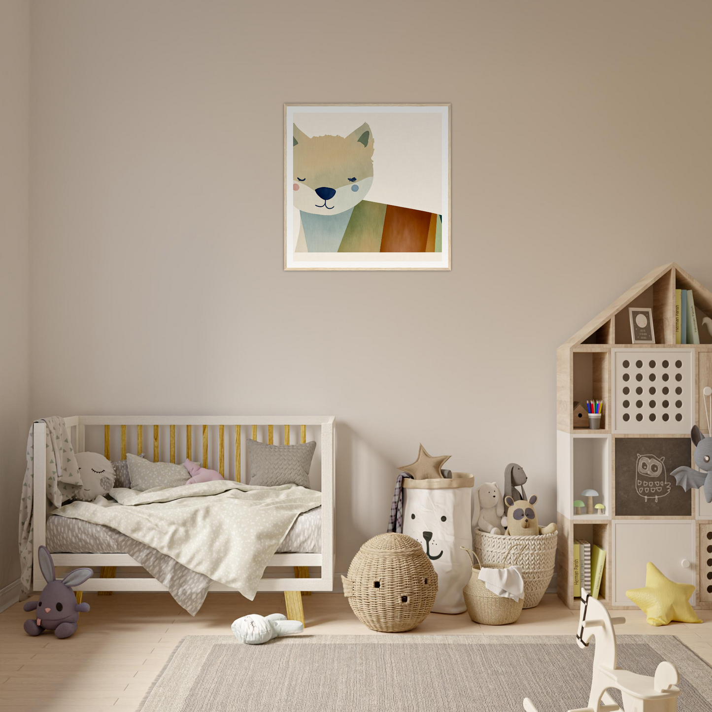 Cozy nursery with neutral tones and fox artwork, perfect nursery wall art for decor