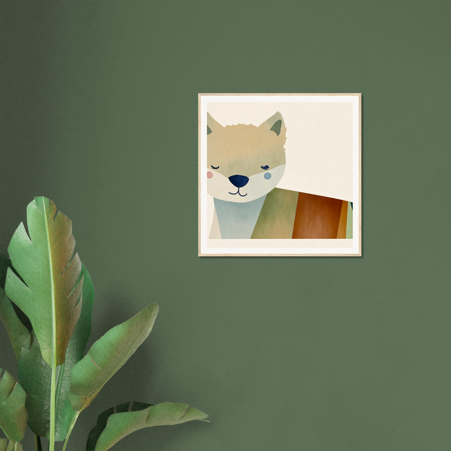 Cute cartoon fox with closed eyes in framed poster for nursery wall art and decor