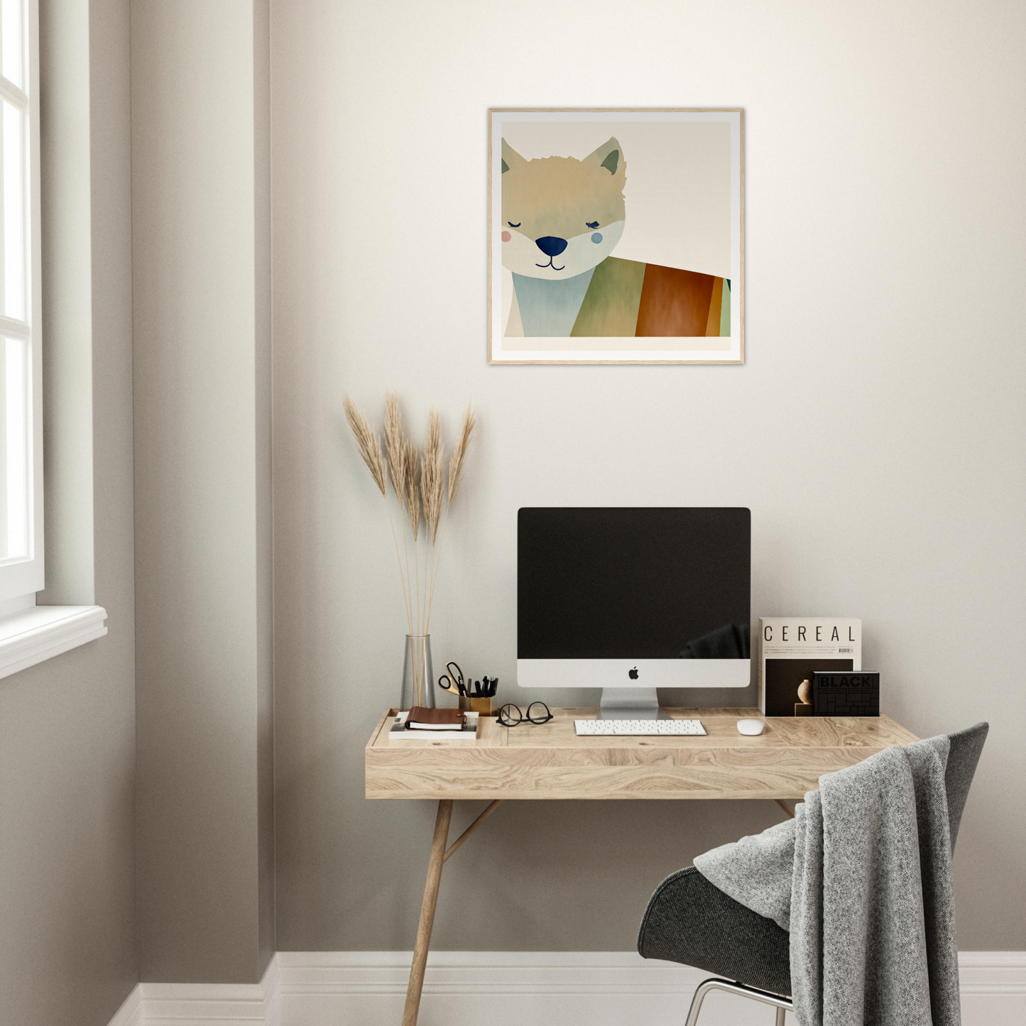 Minimalist wooden desk with iMac and cute fox nursery wall art above it