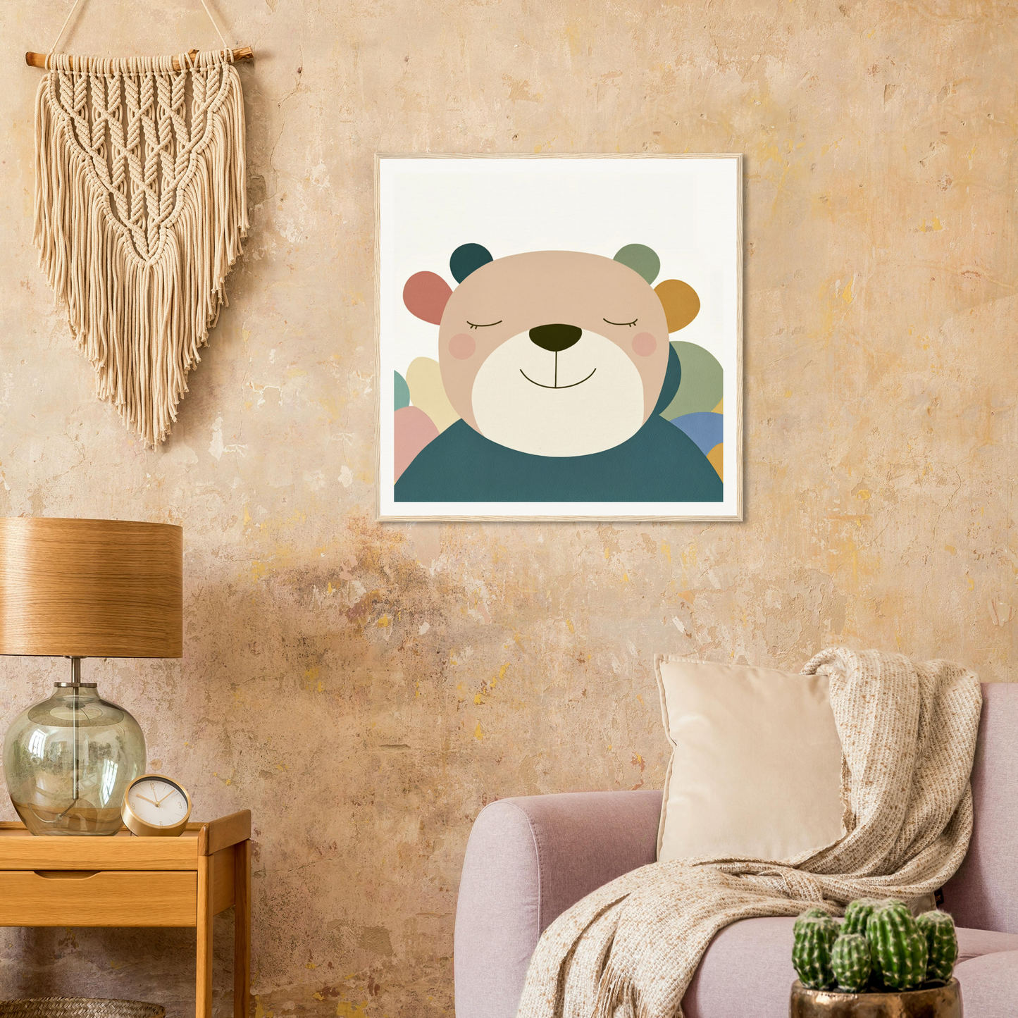 Cute cartoon bear illustration for nursery wall art in a colorful framed poster