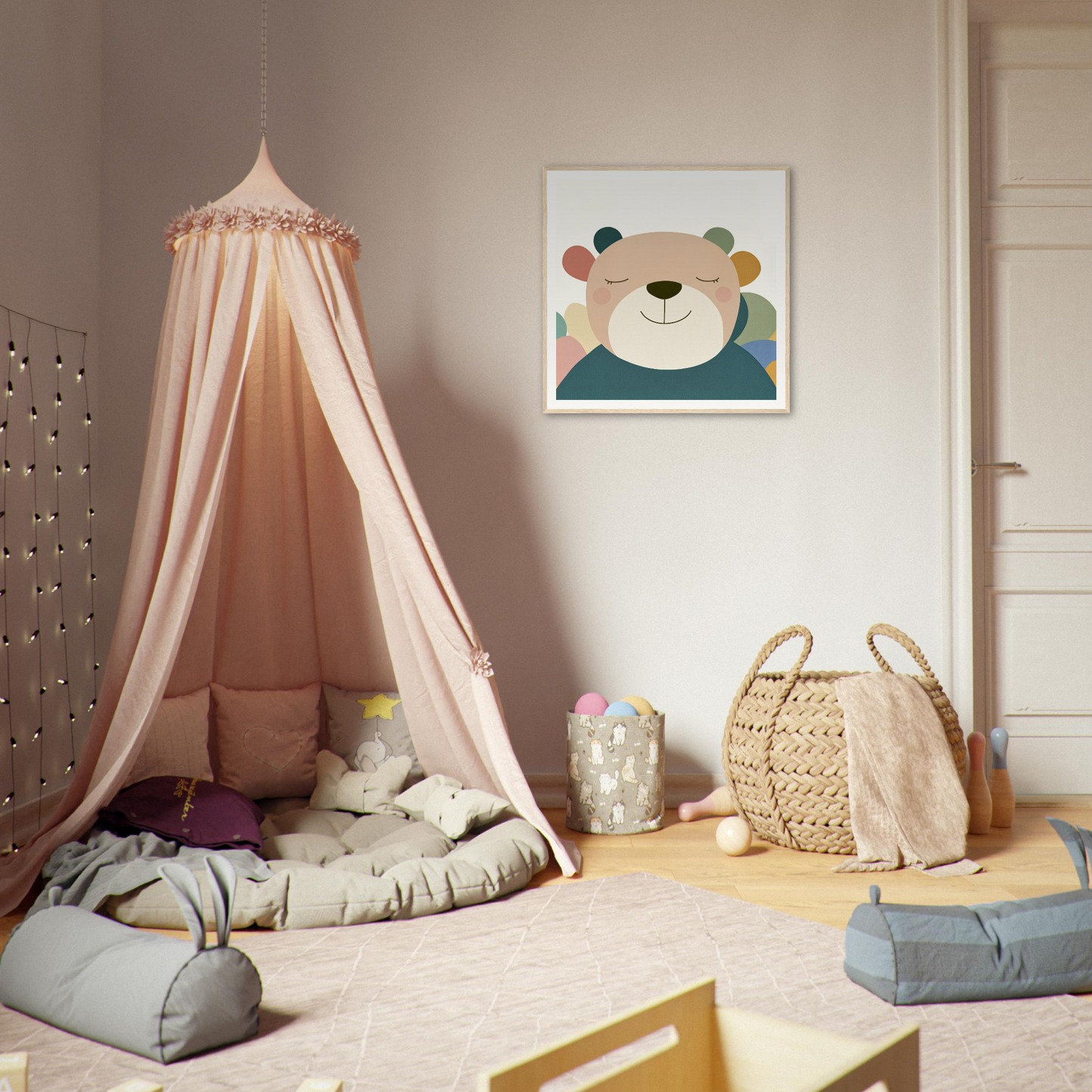 Peach canopy tent with draped fabric, perfect for nursery decor or a cozy setup