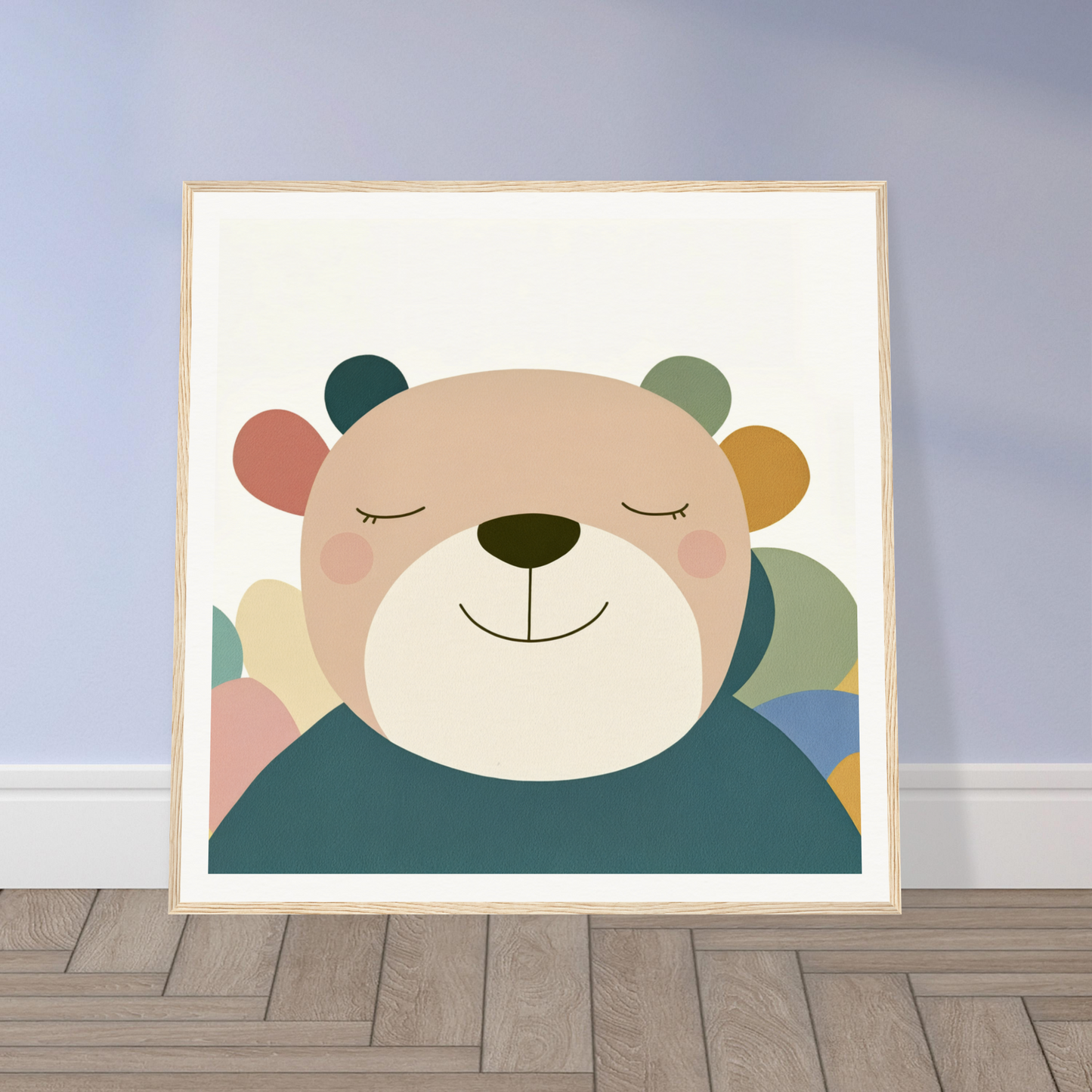 Smiling cartoon bear with colorful ears, perfect for nursery wall art or decor