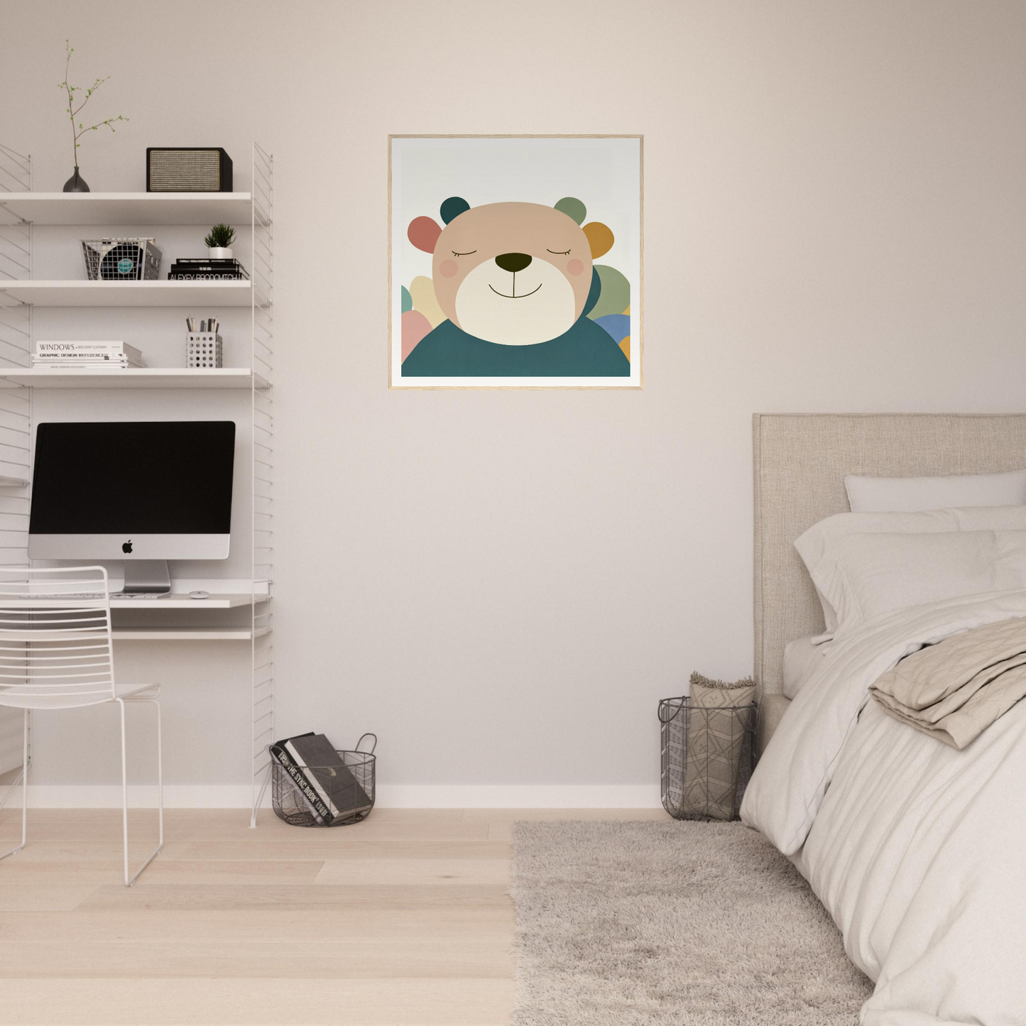 Minimalist bedroom with floating shelves, iMac, and cute bear nursery wall art