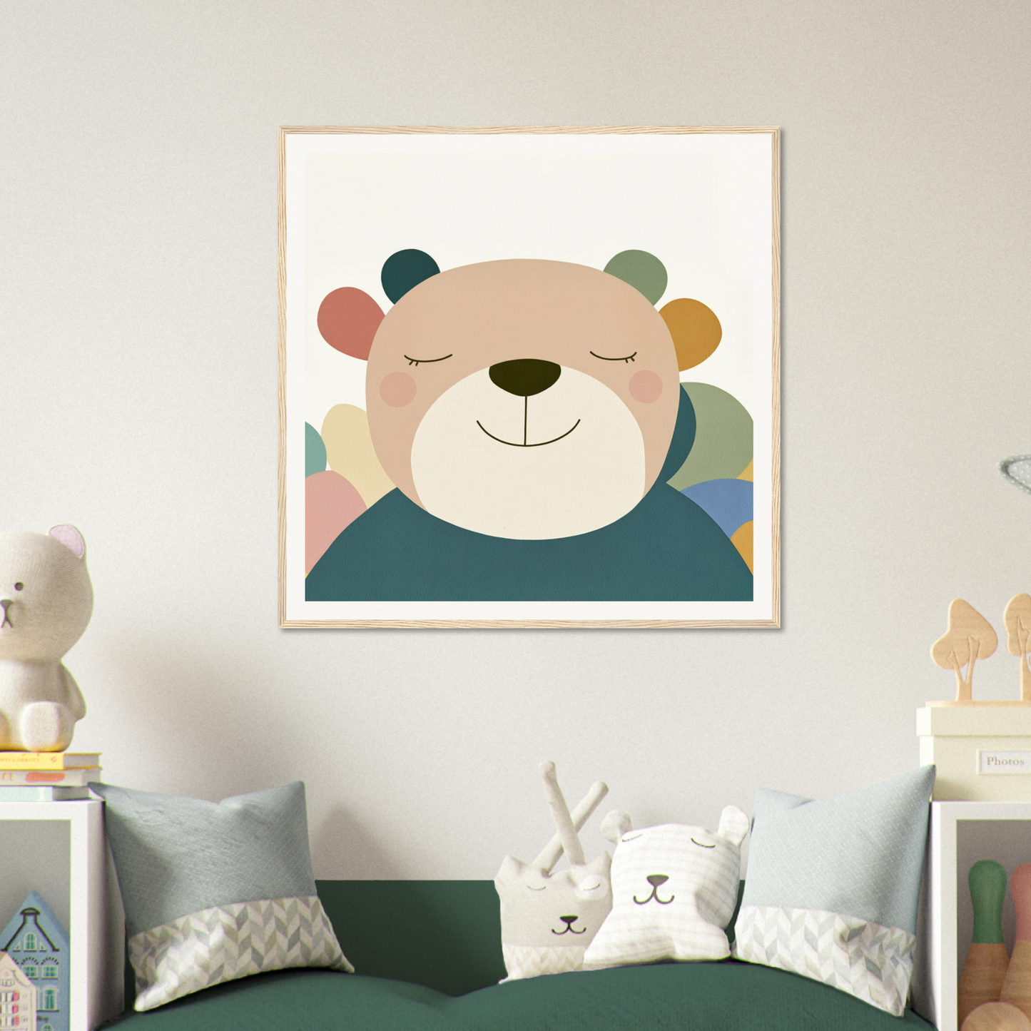 Framed poster of a cheerful bear with colorful ears, perfect for nursery wall art