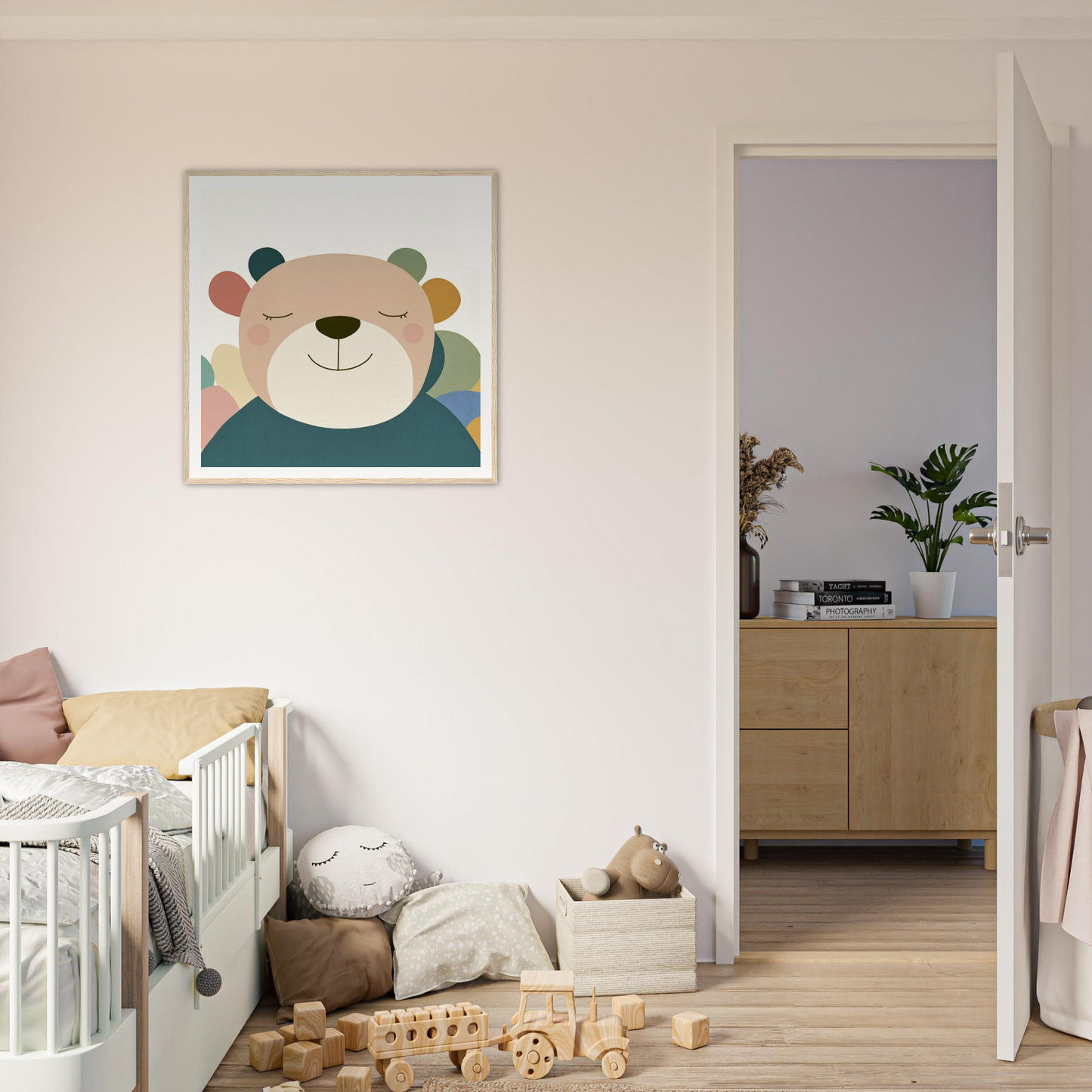 Framed cartoon illustration of a smiling bear for fun nursery wall art decor