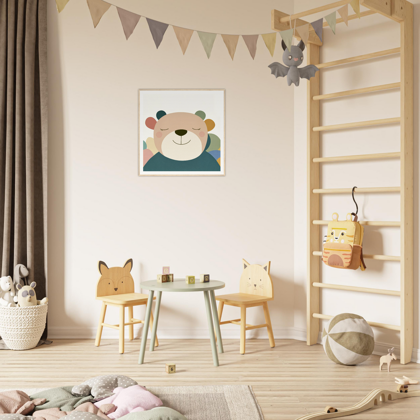 Children’s play area with animal chairs and table perfect for nursery decor or framed poster