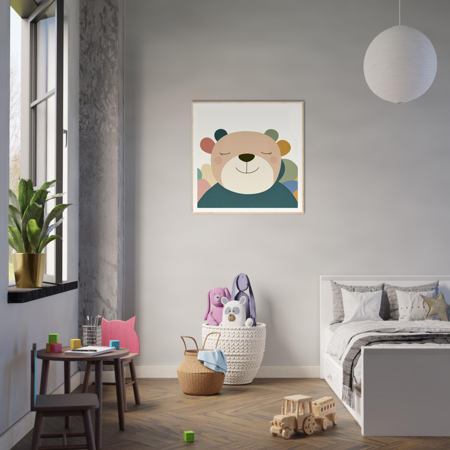 Cartoon bear illustration with colorful dots for fun nursery wall art in product96