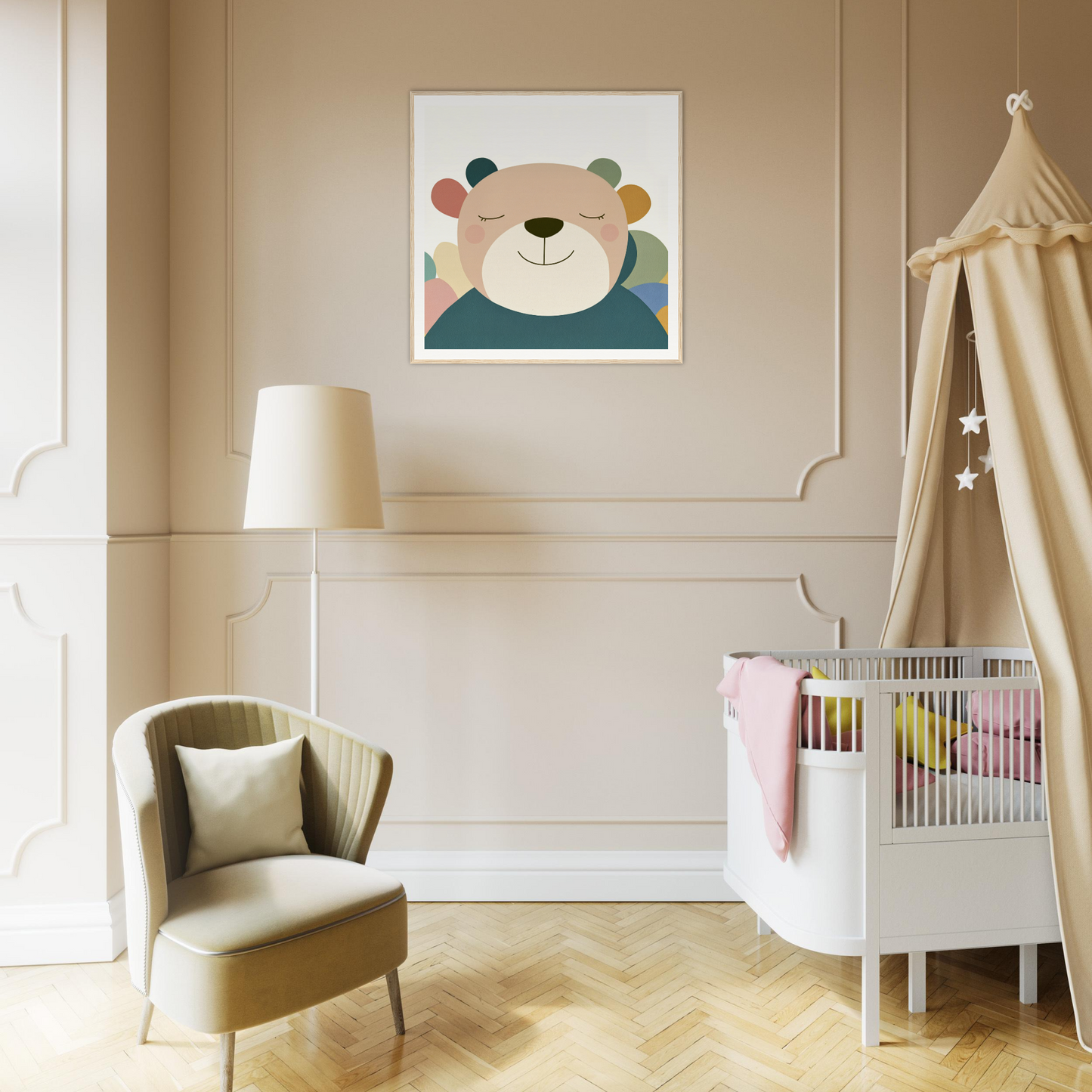 Cozy nursery decor featuring cute bear artwork, comfy armchair, and white crib