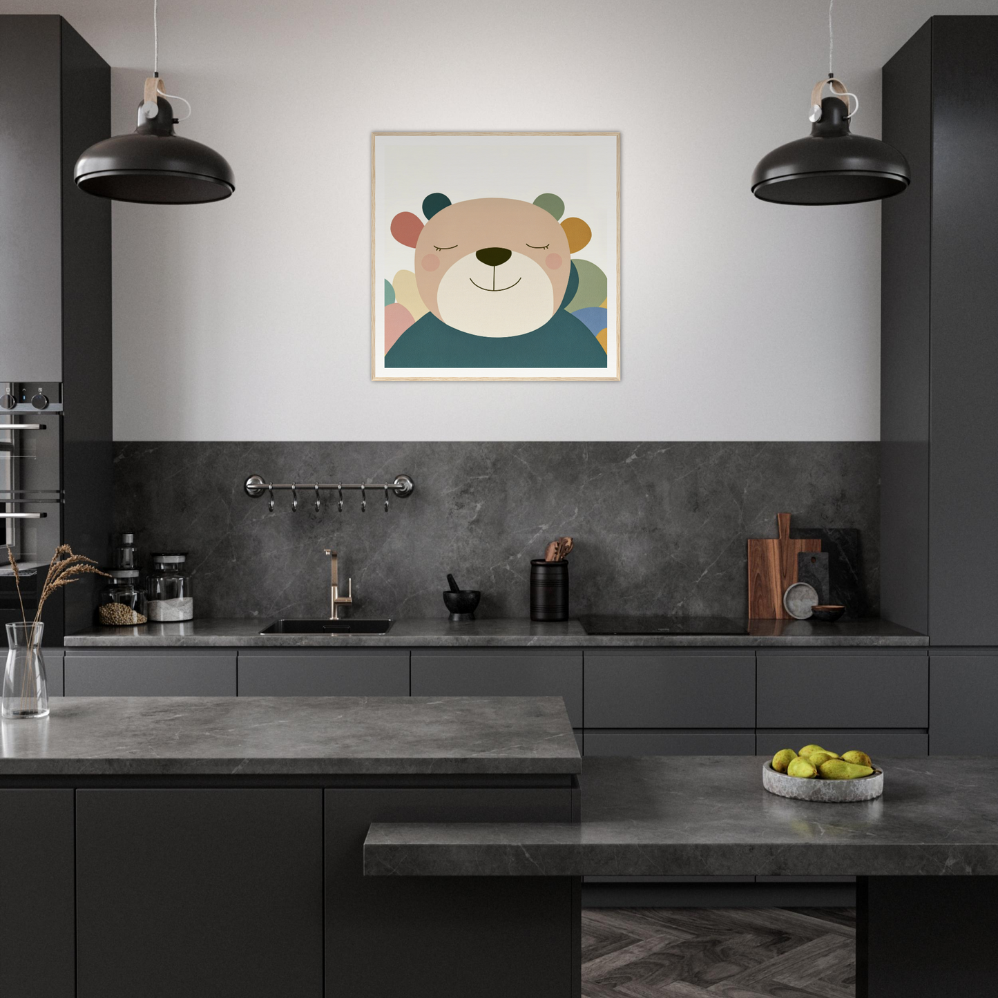 Modern dark gray kitchen featuring cute bear nursery wall art in product96