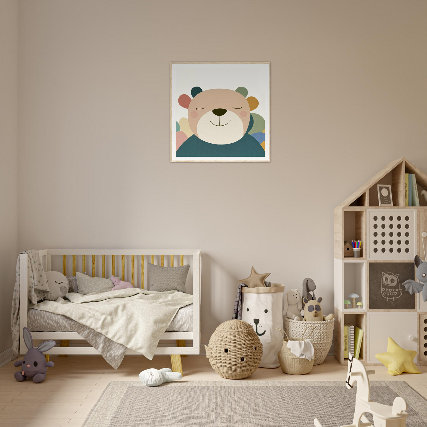 Cute bear artwork with colorful ears for trendy nursery wall art decoration