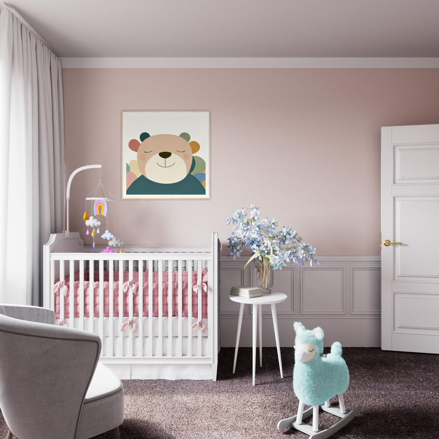 White wooden crib with pink bedding, perfect for stylish nursery decor and framed posters