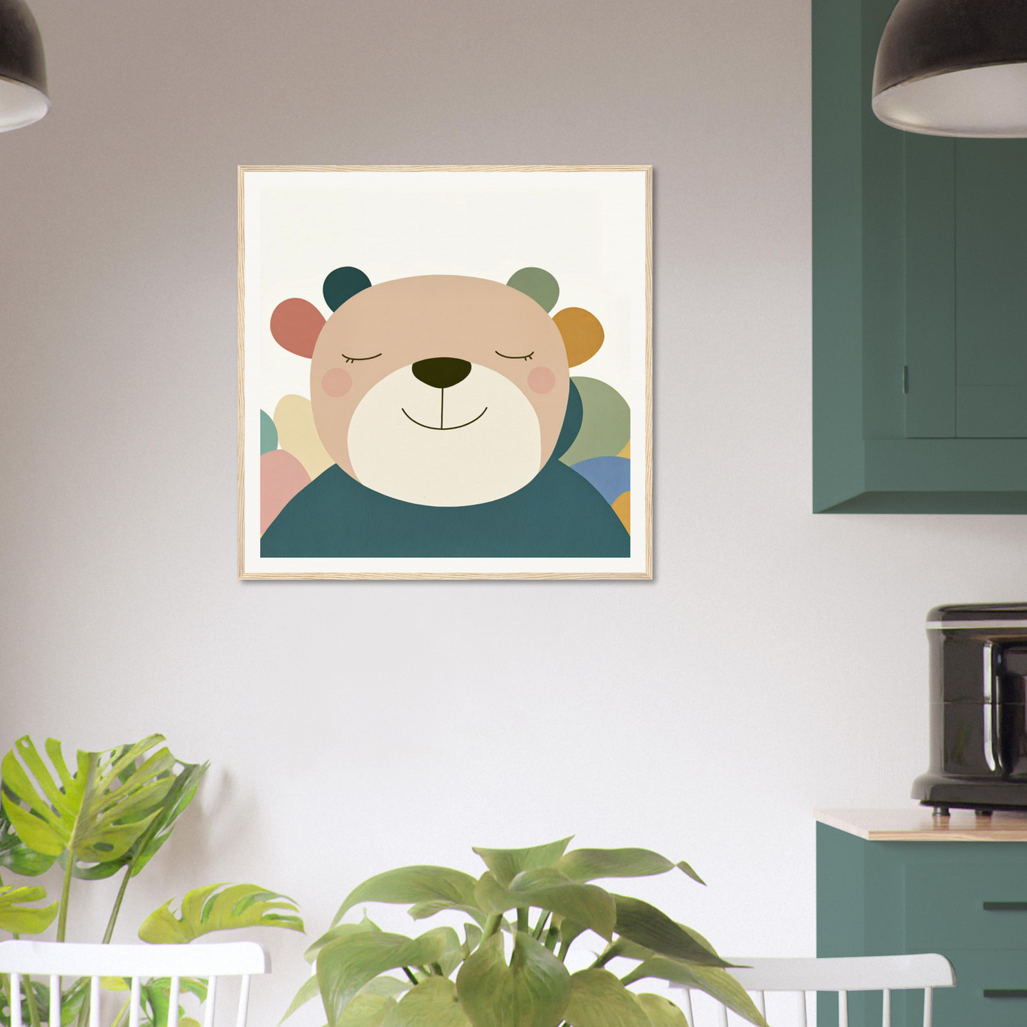 Framed cartoon bear face illustration, perfect for nursery wall art and decor