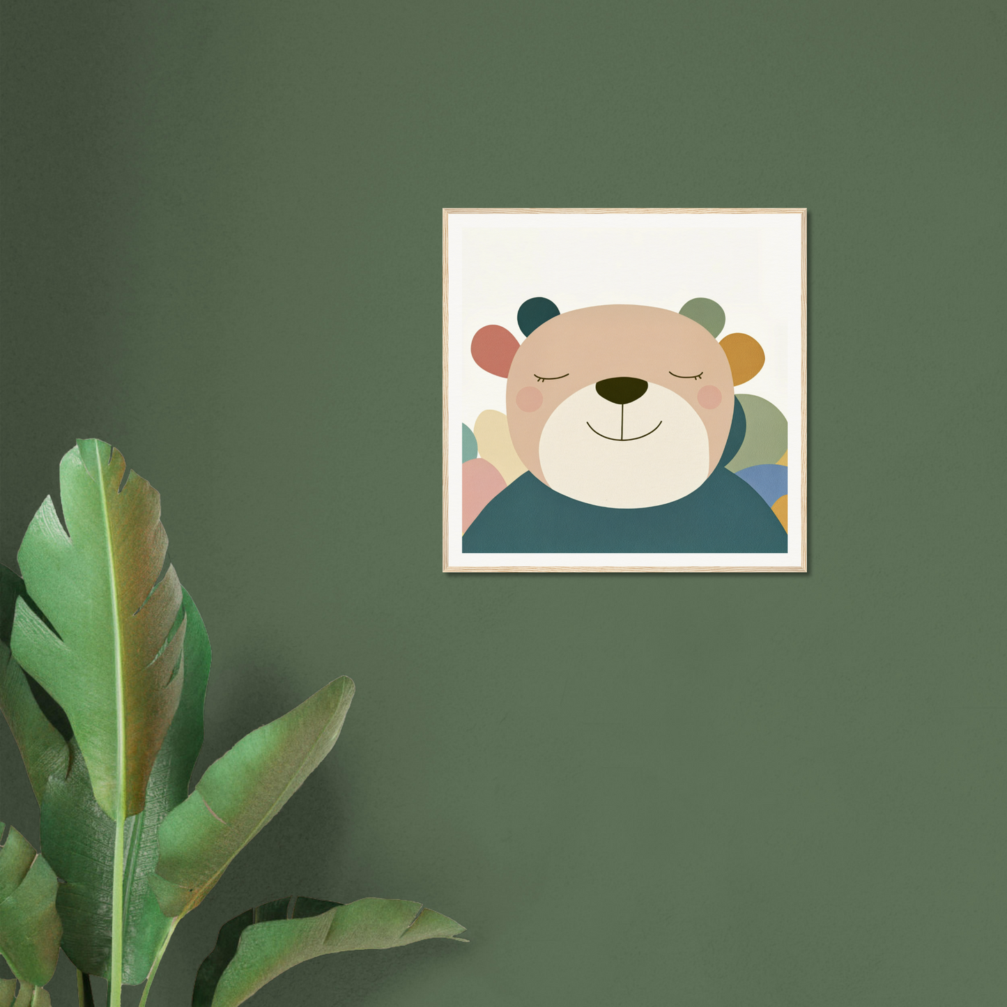 Framed cartoon illustration of a smiling bear for cute nursery wall art decor