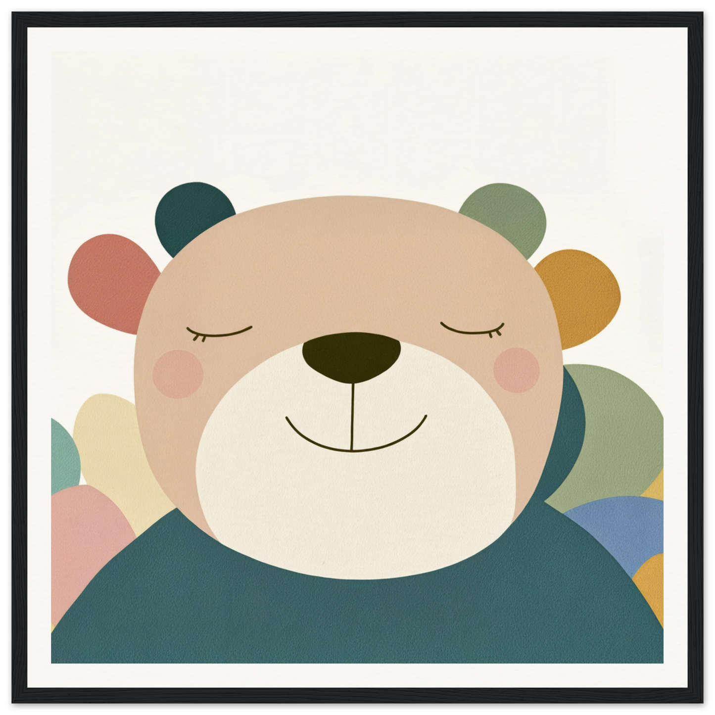 Smiling cartoon bear with colorful ears perfect for nursery wall art or framed poster