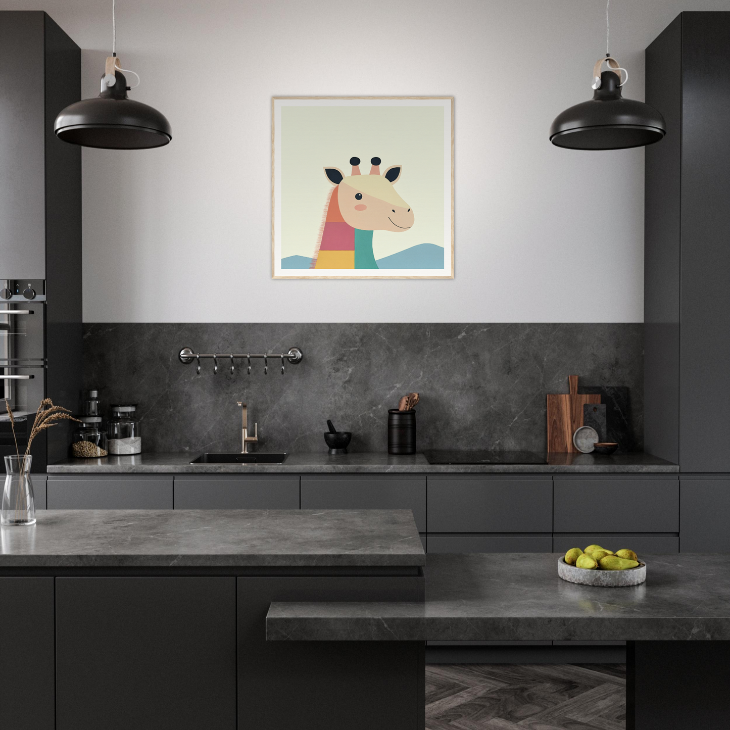 Modern dark kitchen with matte black cabinets and nursery wall art featuring a giraffe
