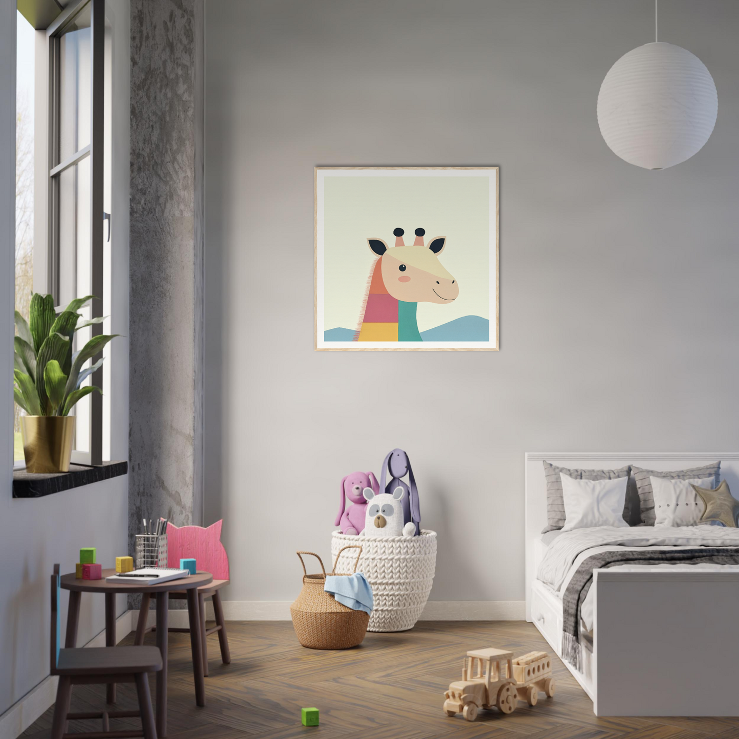 Colorful cartoon giraffe nursery wall art in a frame on a stylish gray wall