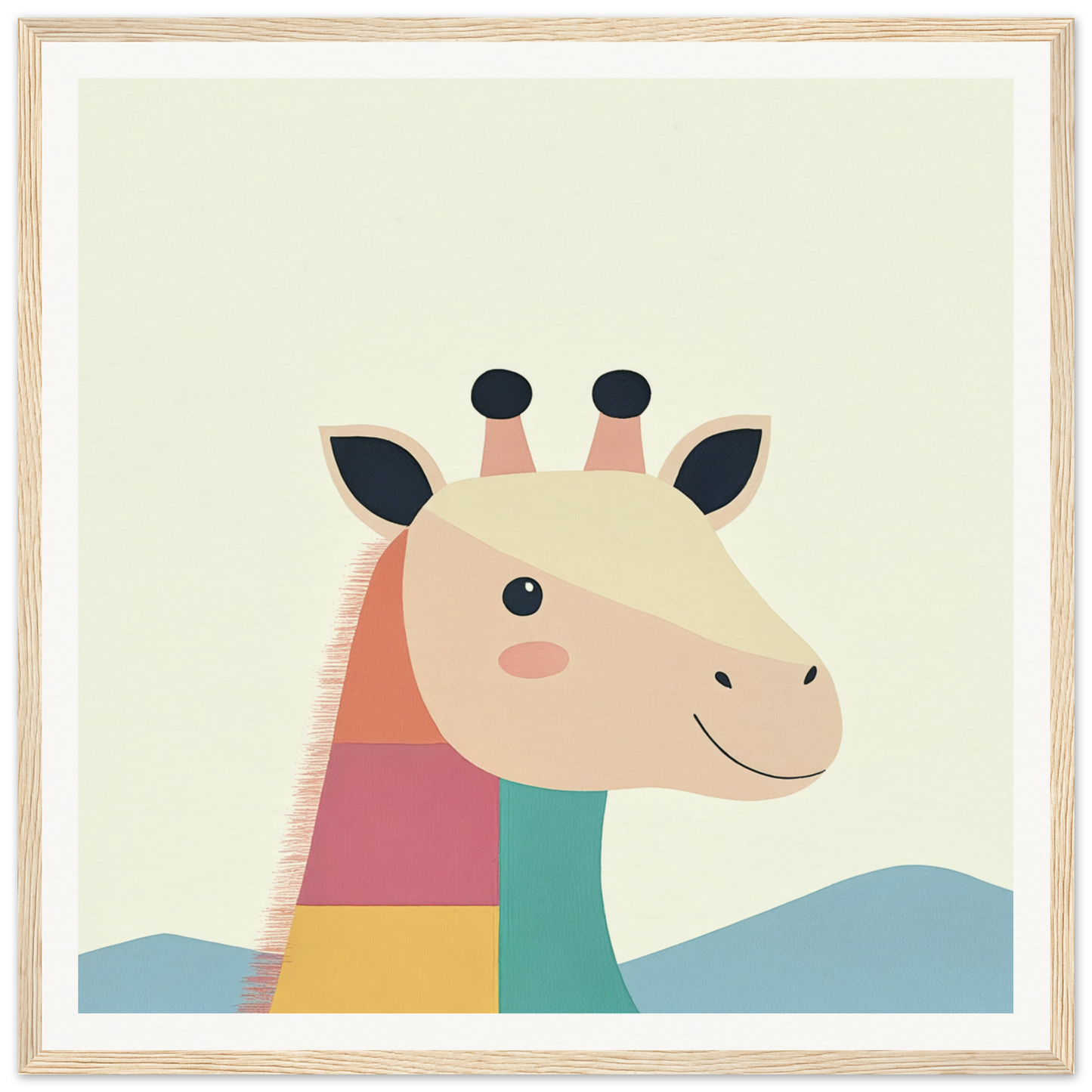 Colorful geometric cartoon giraffe with a smile for nursery wall art or decor