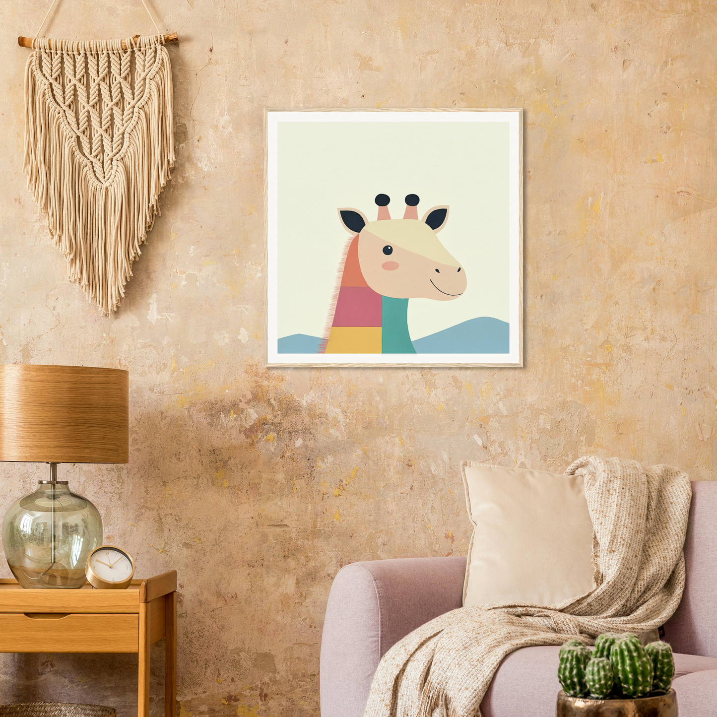 Colorful cartoon giraffe artwork for nursery wall art or decor in product99 framed poster
