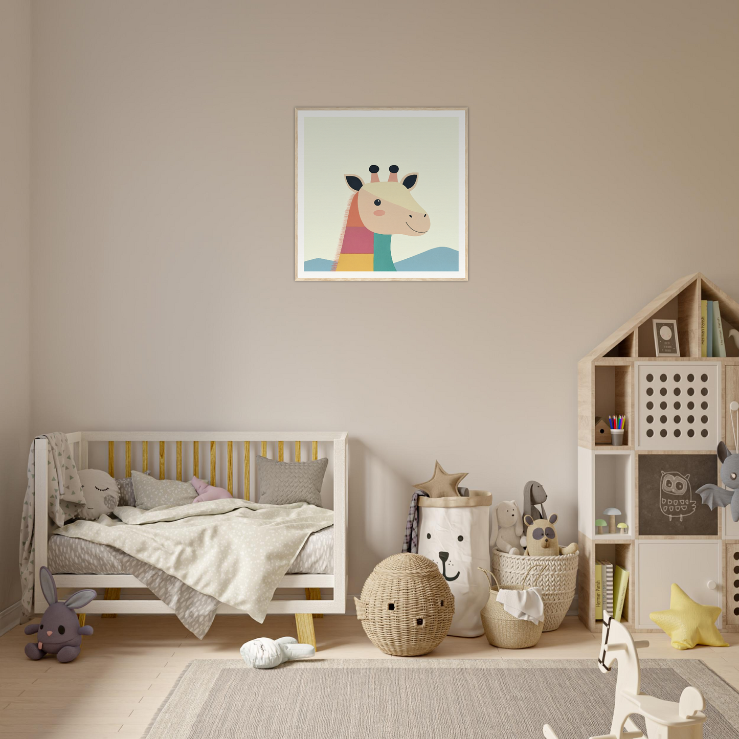 Wooden crib with gray bedding and yellow railings for cute nursery decor in Product99