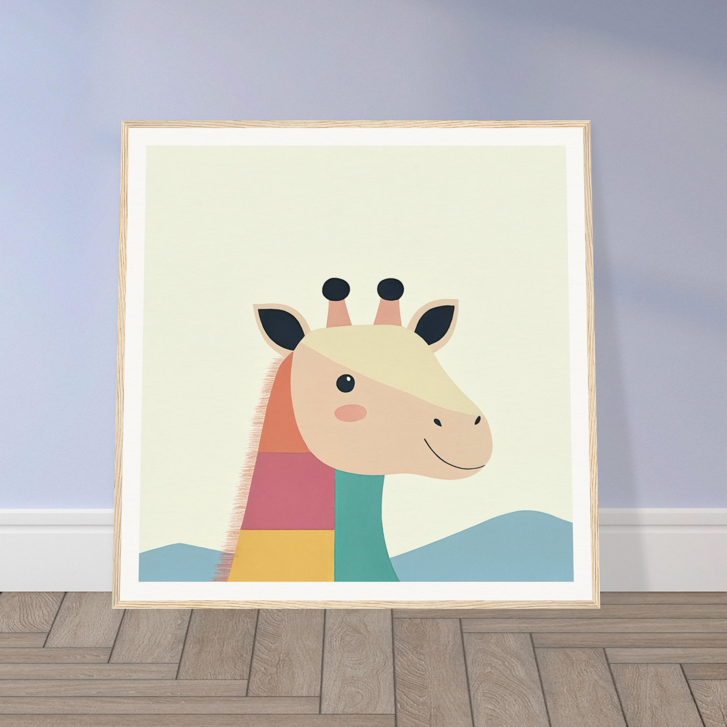 Colorful cartoon giraffe head smiling, perfect for nursery wall art or decor