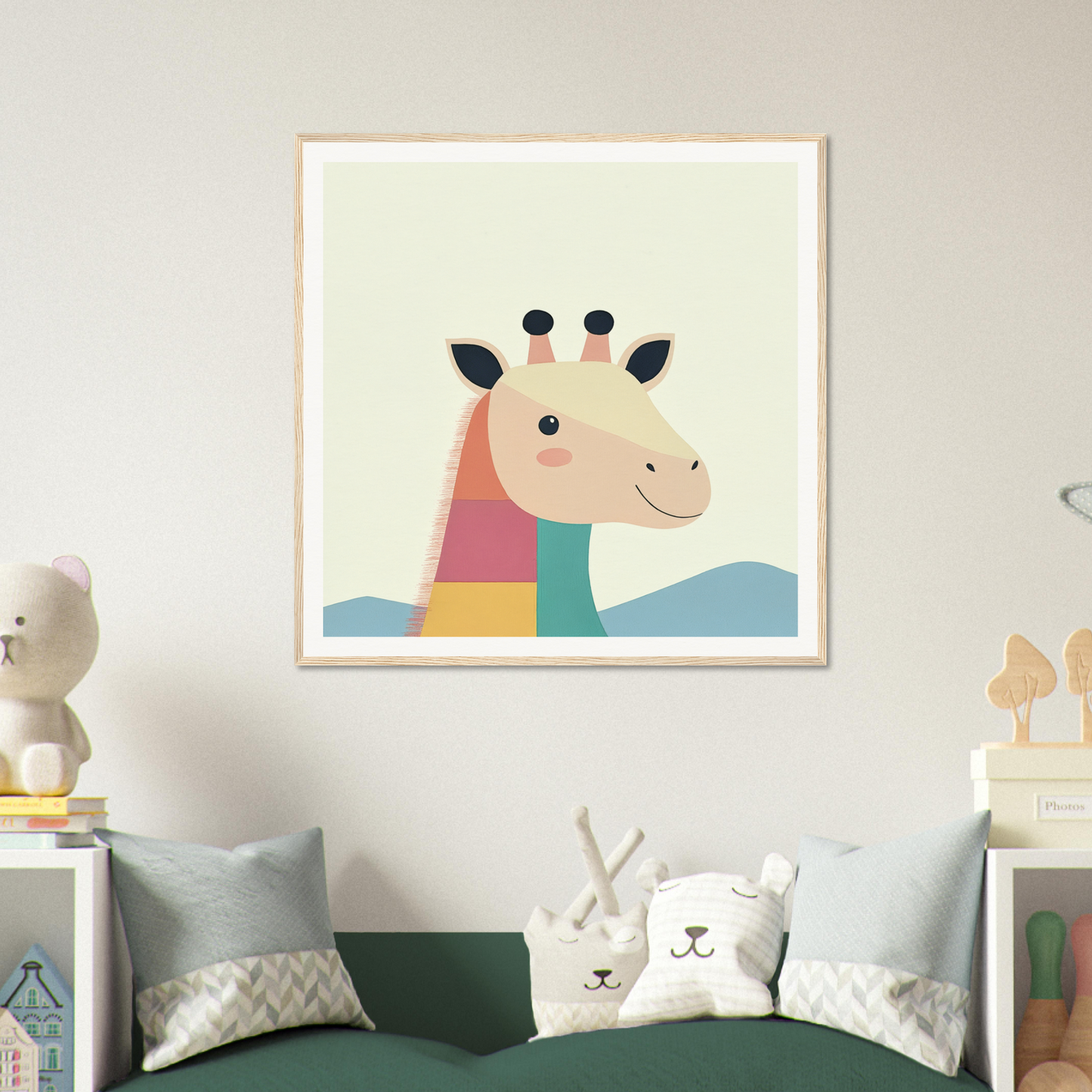 Colorful cartoon giraffe art for nursery wall decor in a sleek geometric style