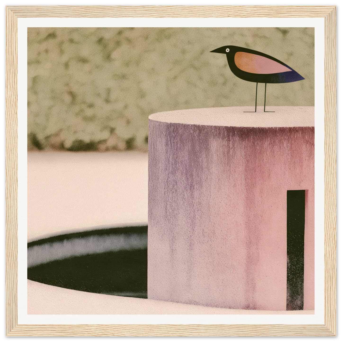 Minimalist wooden bird figure in pink and blue colors on a Prophetic Pink Perch