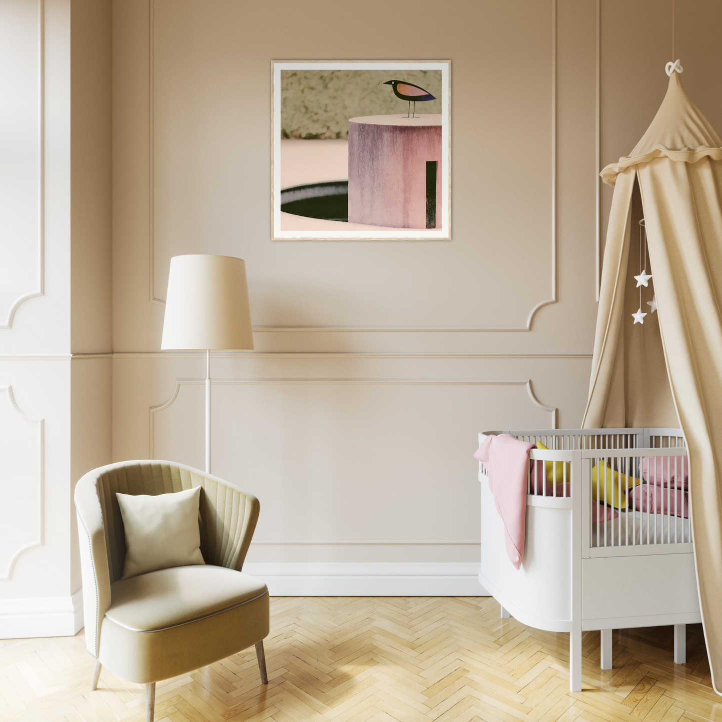 Modern white crib with a beige canopy in the Prophetic Pink Perch collection
